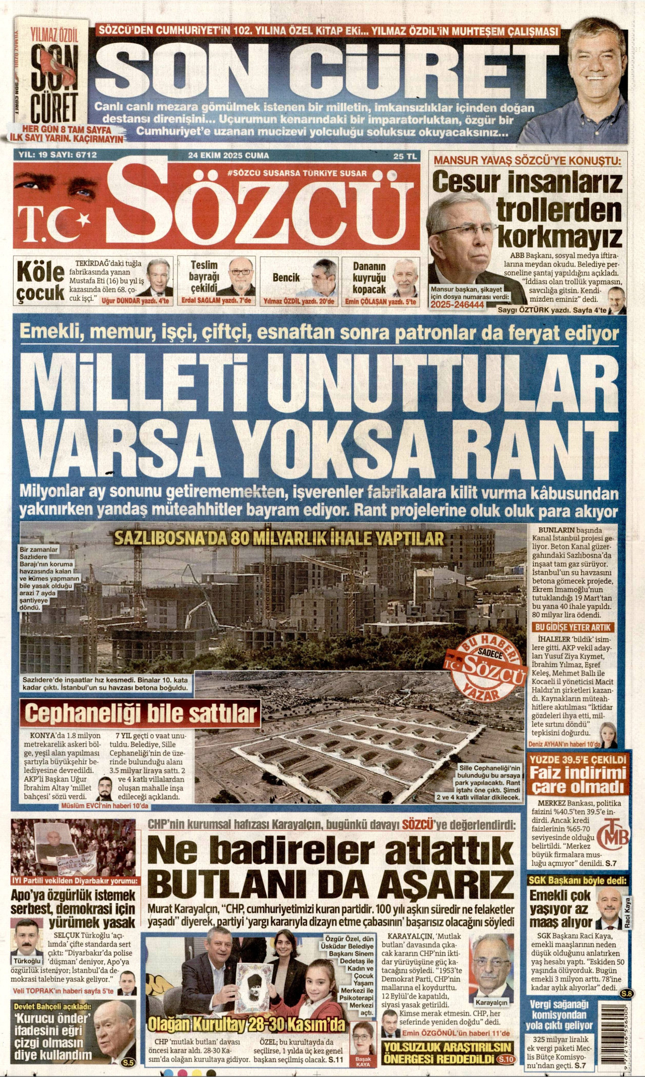 SÖZCÜ gazetesinin 24 Ekim 2025 tarihli birinci sayfası
