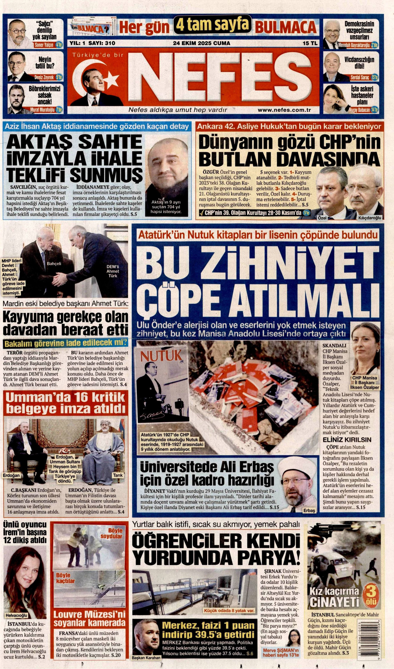 NEFES gazetesinin 24 Ekim 2025 tarihli birinci sayfası