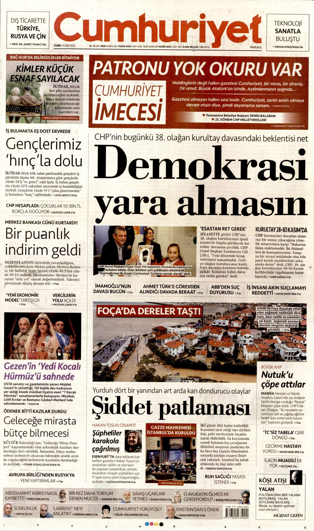 CUMHURİYET gazetesinin 24 Ekim 2025 tarihli birinci sayfası