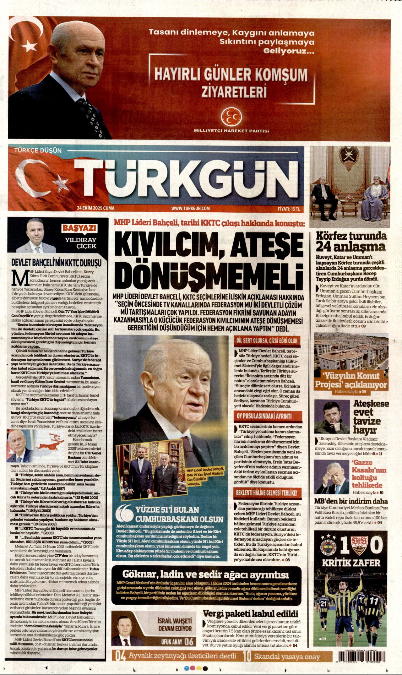 TÜRKGÜN gazetesinin 24 Ekim 2025 tarihli birinci sayfası