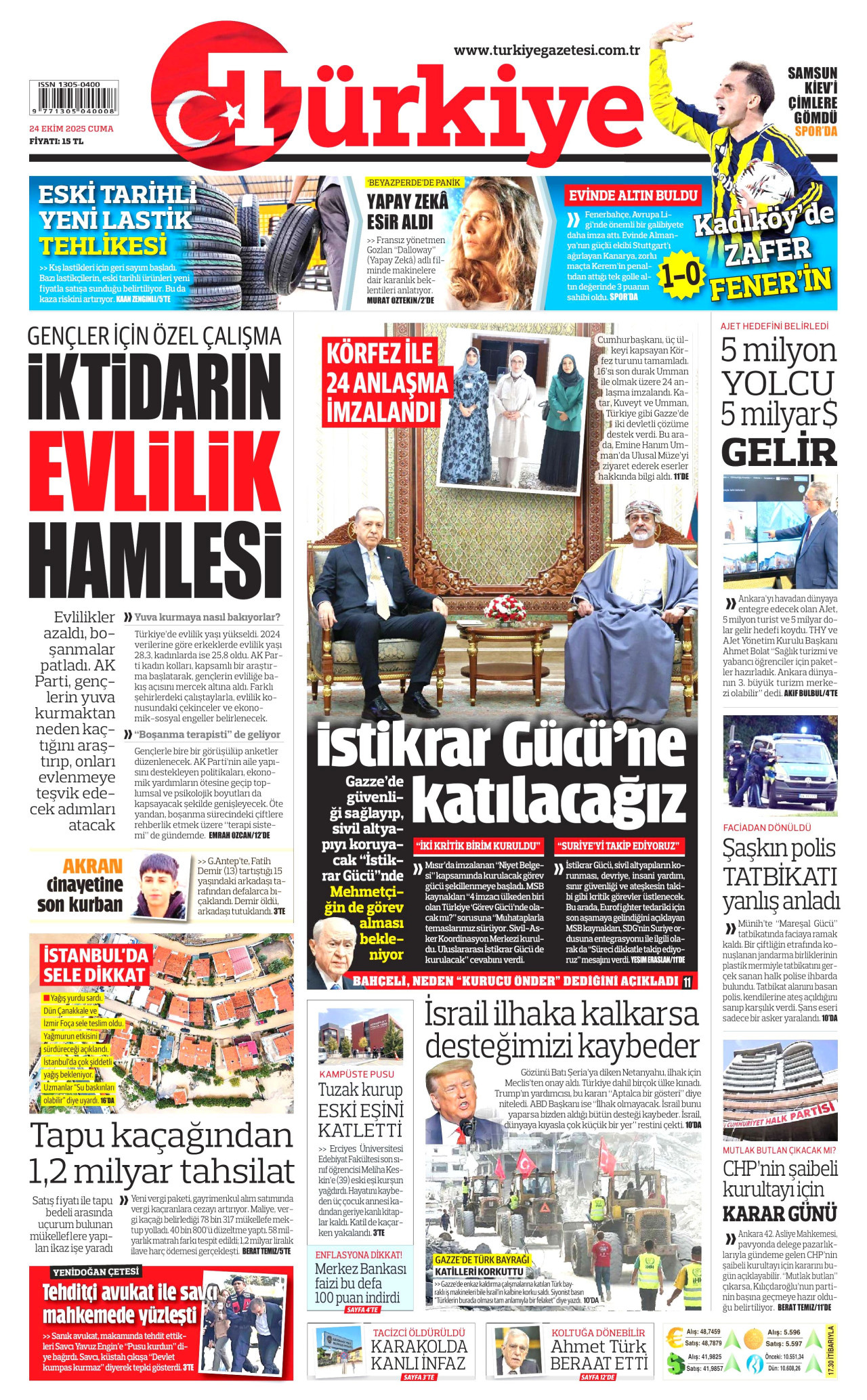 TÜRKİYE GAZETESİ gazetesinin 24 Ekim 2025 tarihli birinci sayfası