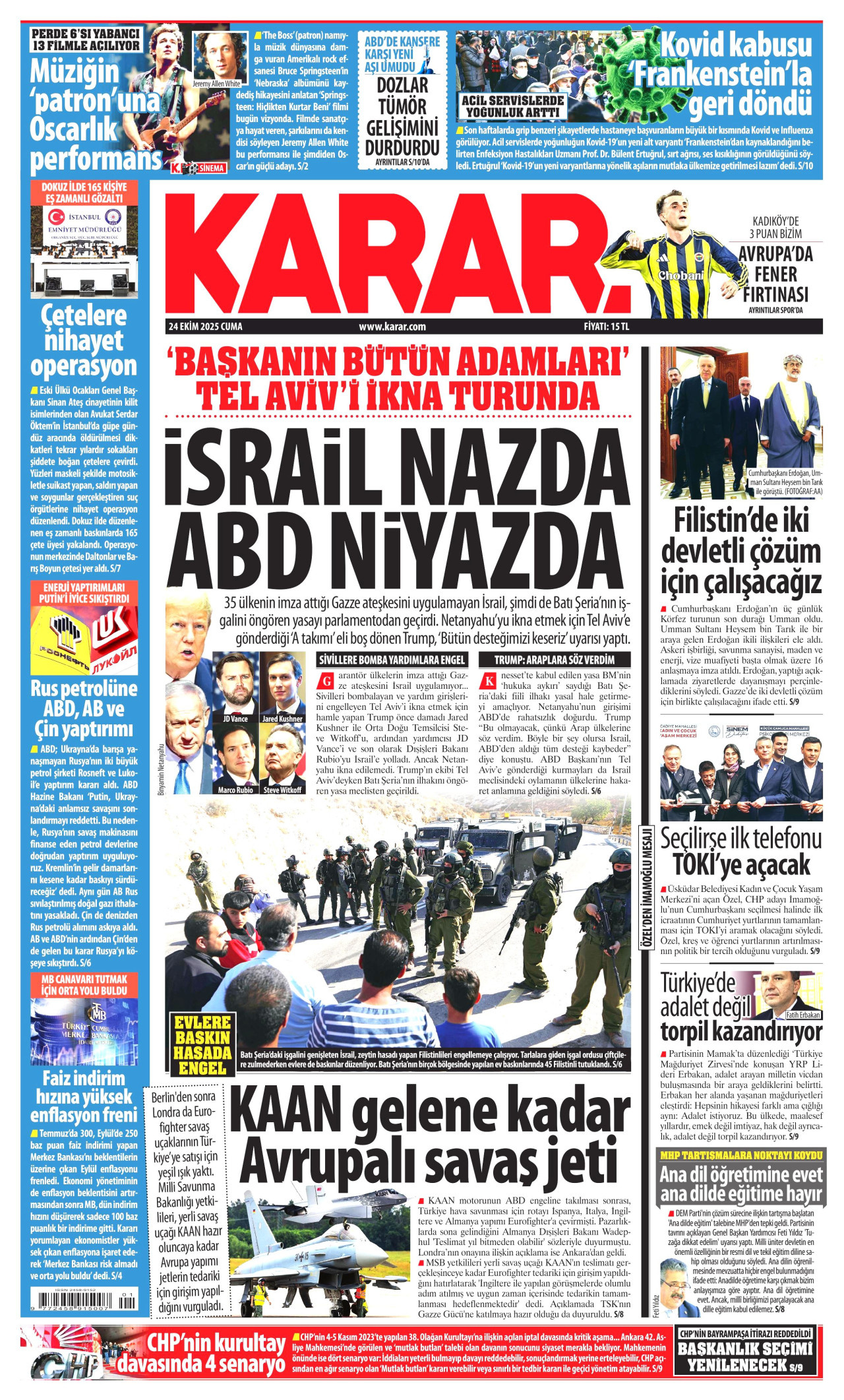 KARAR gazetesinin 24 Ekim 2025 tarihli birinci sayfası