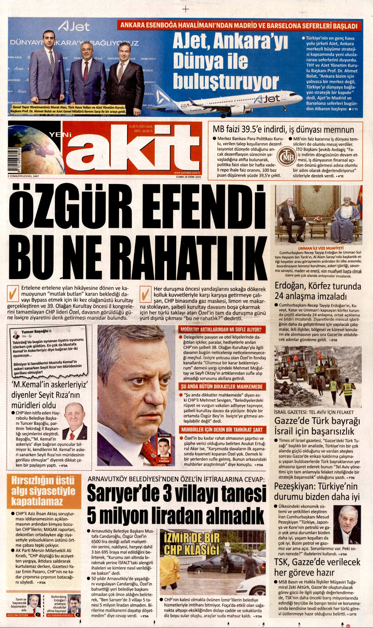 YENİ AKİT gazetesinin 24 Ekim 2025 tarihli birinci sayfası