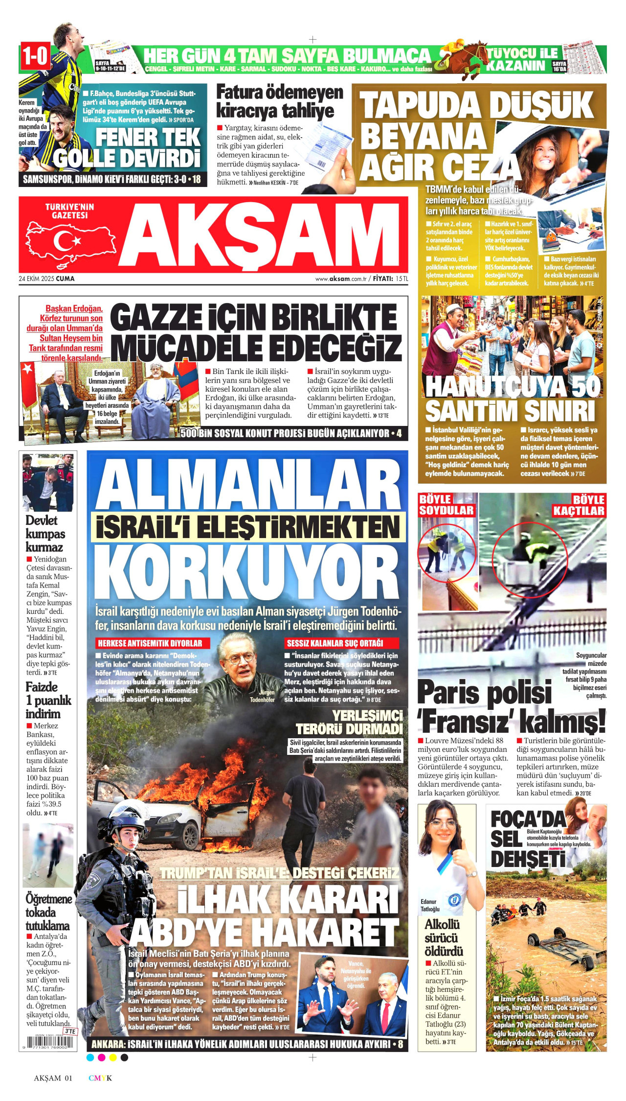AKŞAM gazetesinin 24 Ekim 2025 tarihli birinci sayfası
