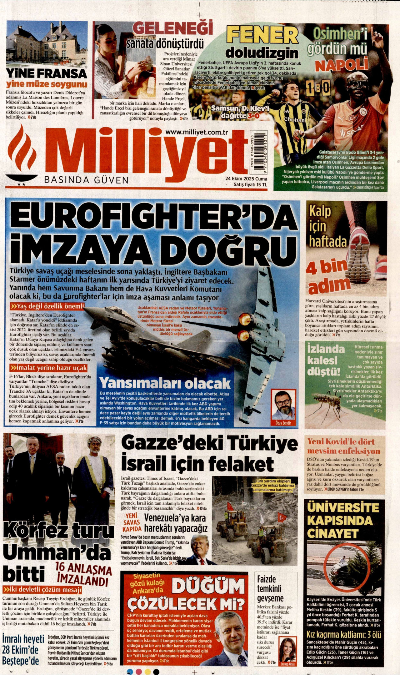 MİLLİYET gazetesinin 24 Ekim 2025 tarihli birinci sayfası