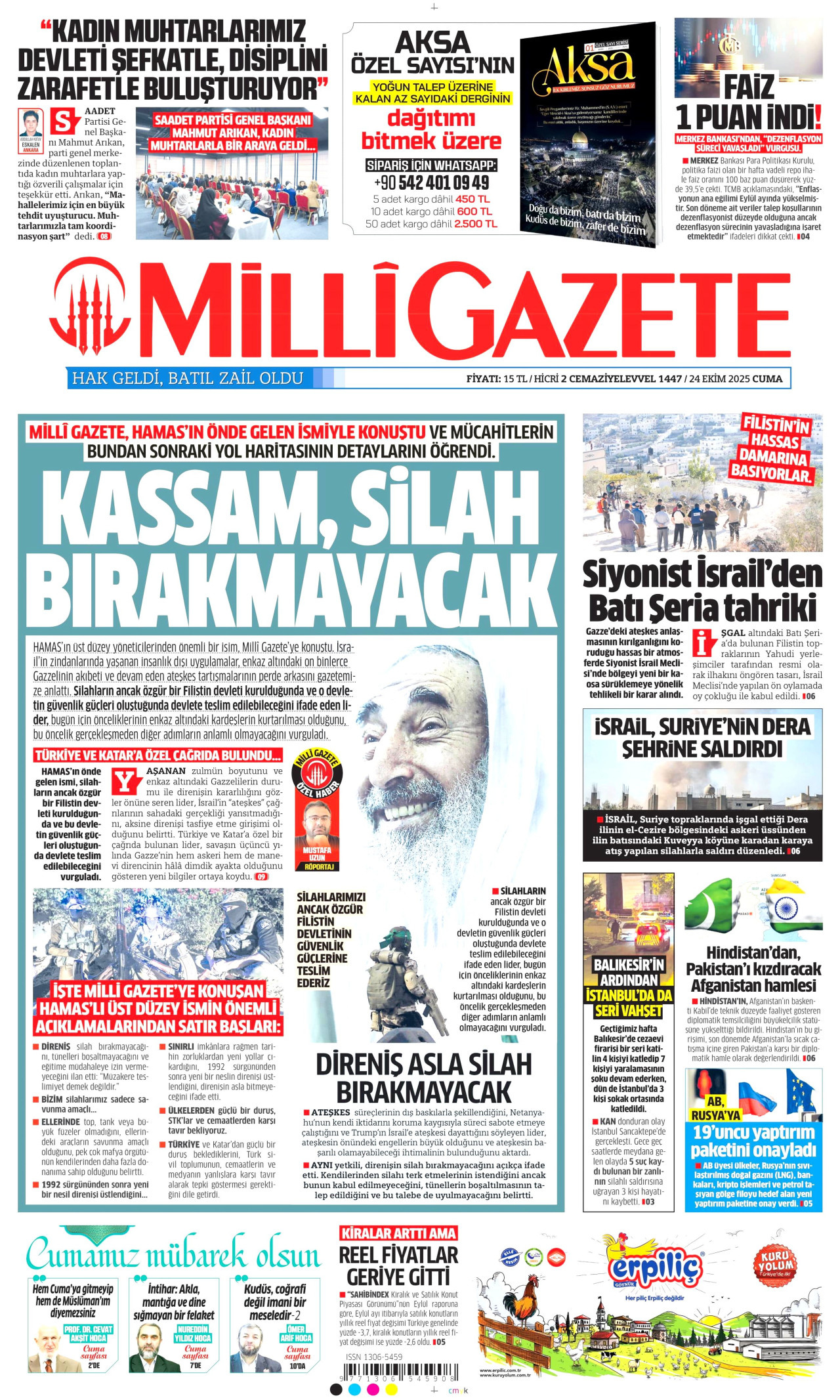 MİLLİ GAZETE gazetesinin 24 Ekim 2025 tarihli birinci sayfası