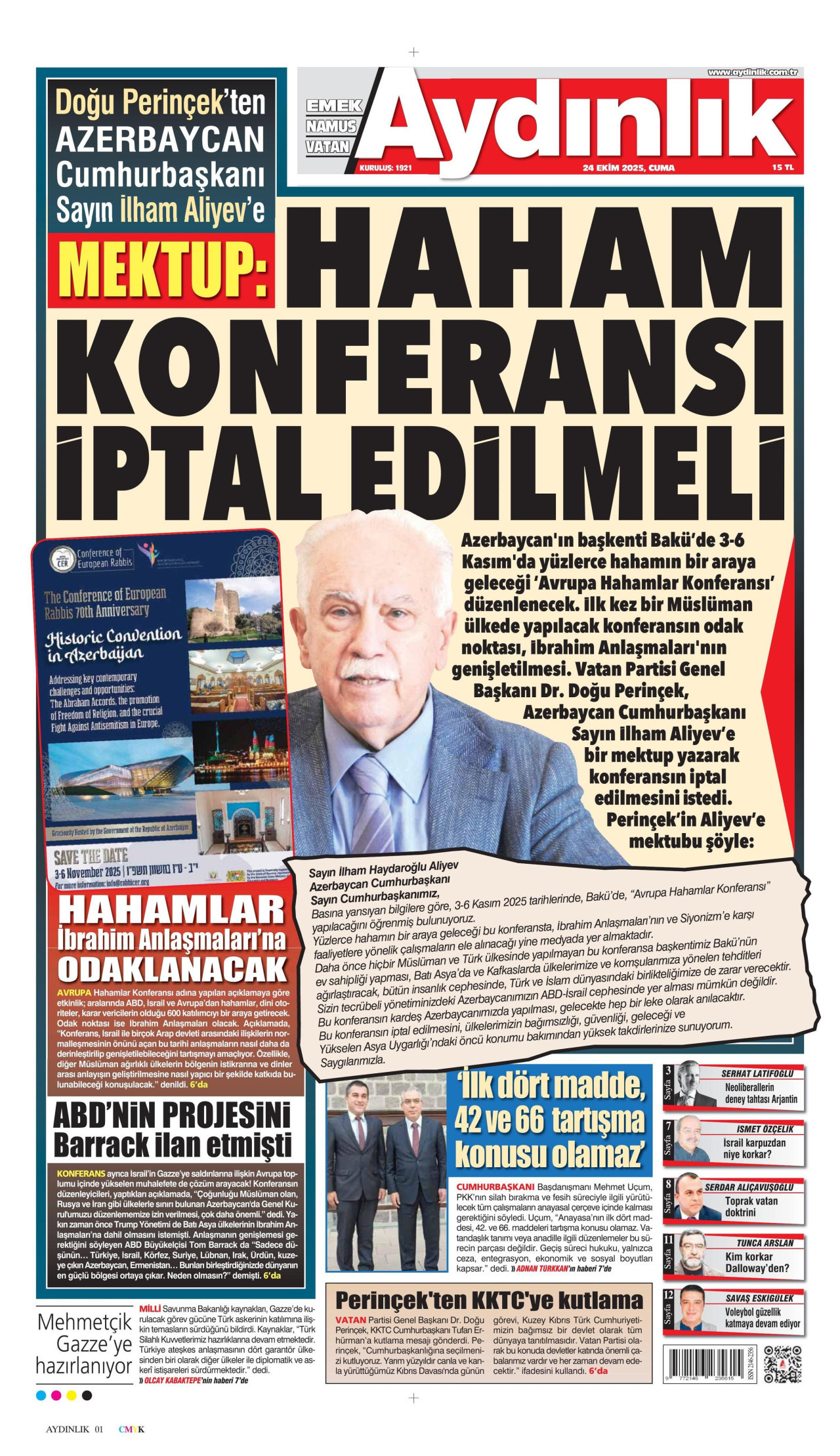 AYDINLIK GAZETESİ gazetesinin 24 Ekim 2025 tarihli birinci sayfası