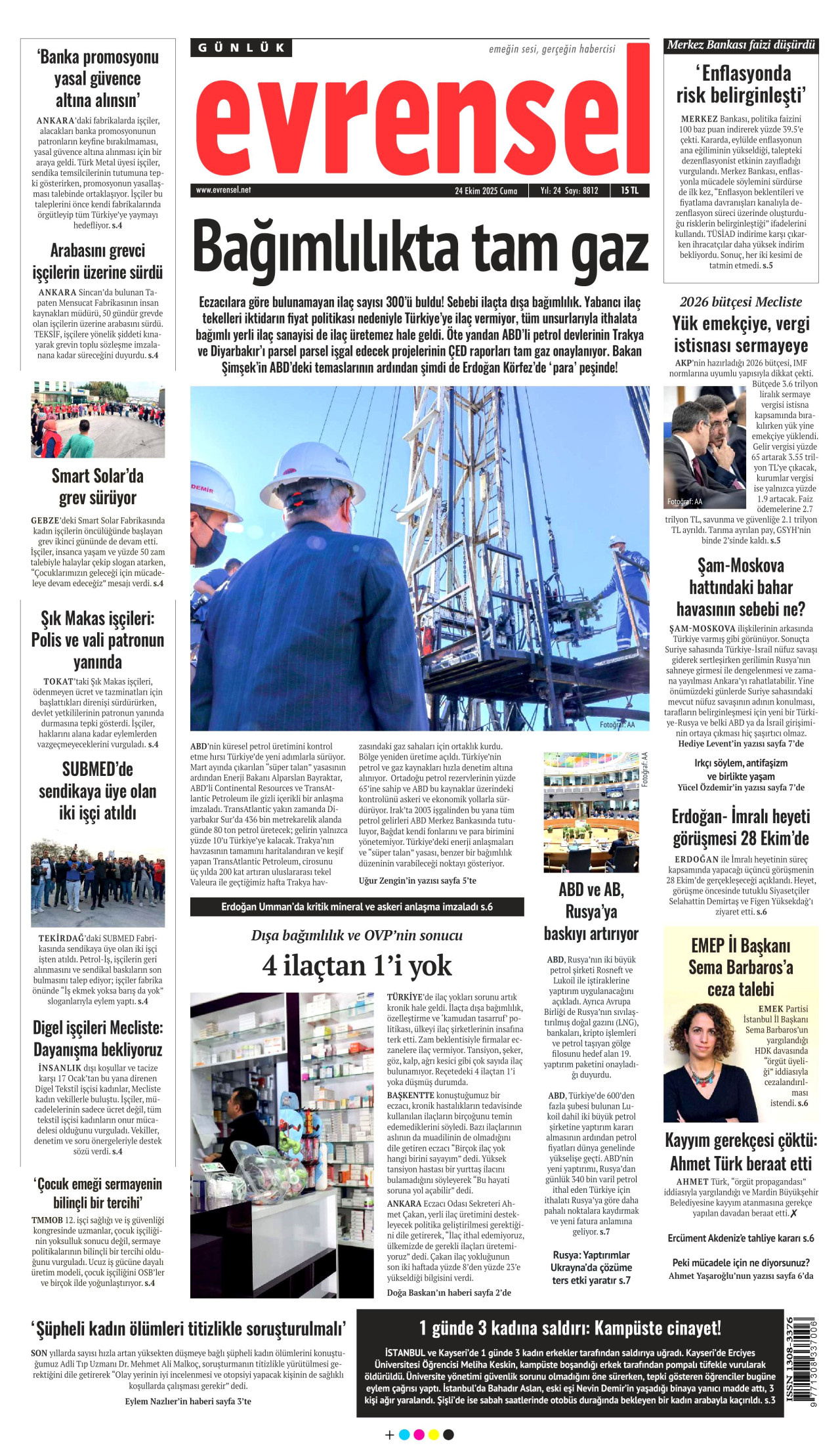 EVRENSEL gazetesinin 24 Ekim 2025 tarihli birinci sayfası