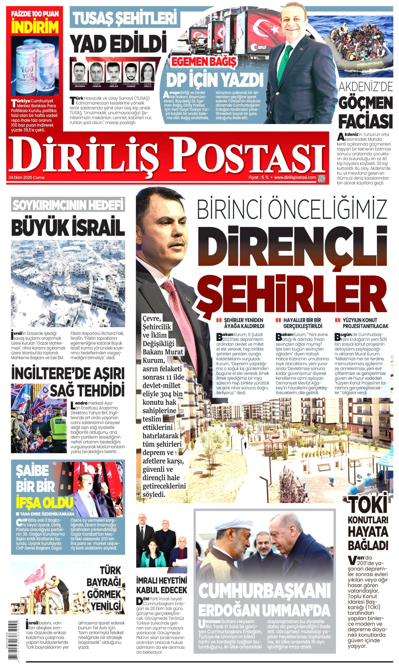 DİRİLİŞ POSTASI gazetesinin 24 Ekim 2025 tarihli birinci sayfası