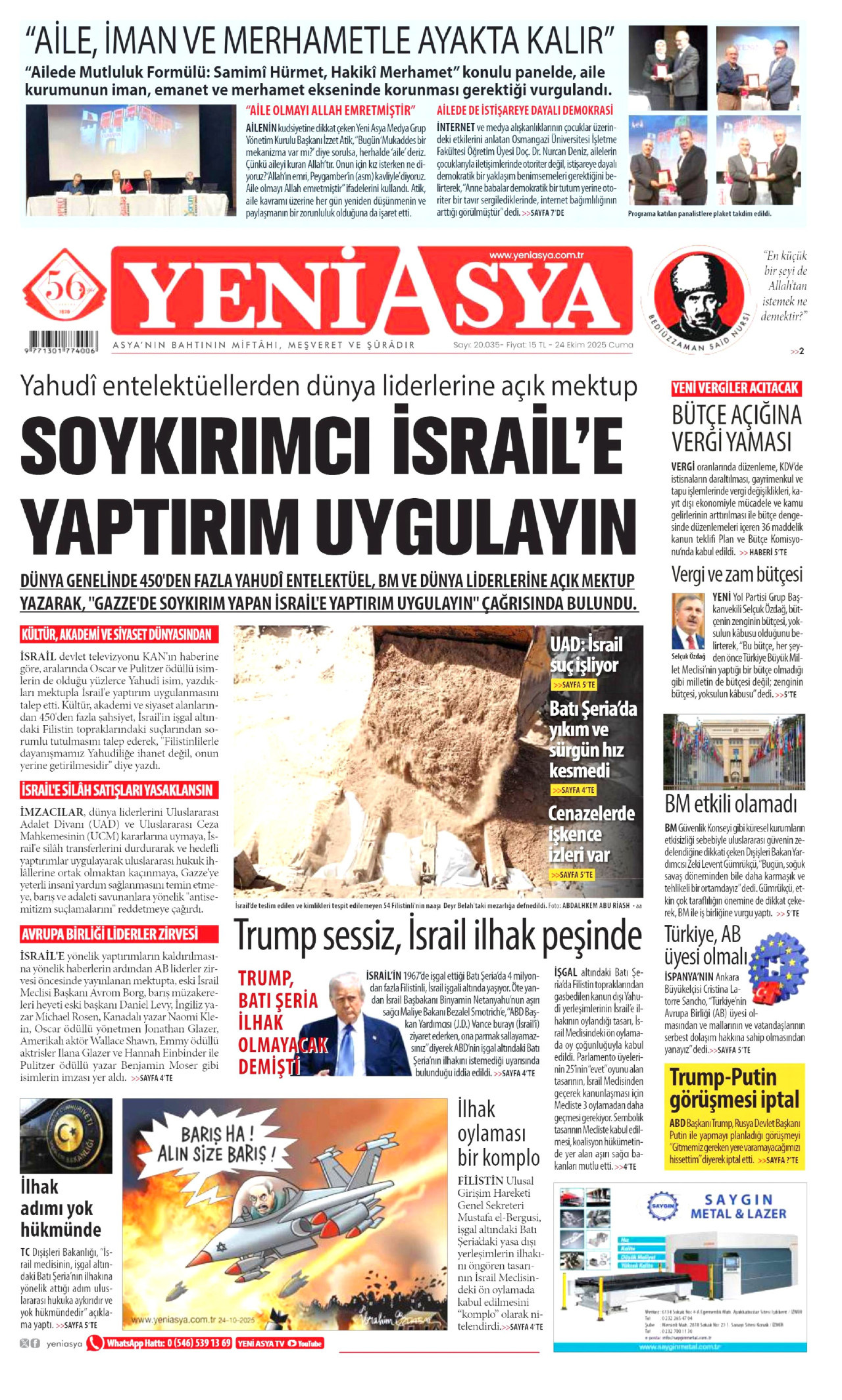 YENİ ASYA gazetesinin 24 Ekim 2025 tarihli birinci sayfası