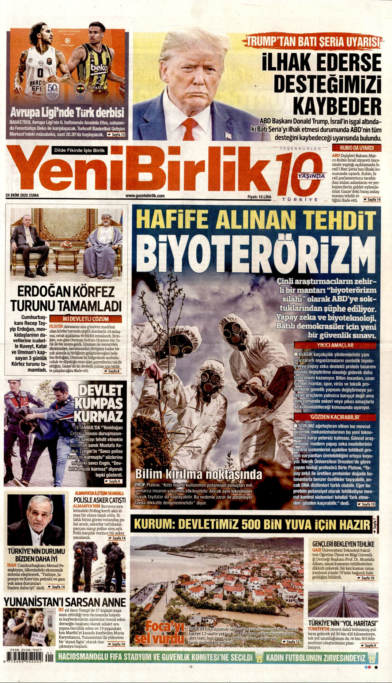 YENİBİRLİK gazetesinin 24 Ekim 2025 tarihli birinci sayfası