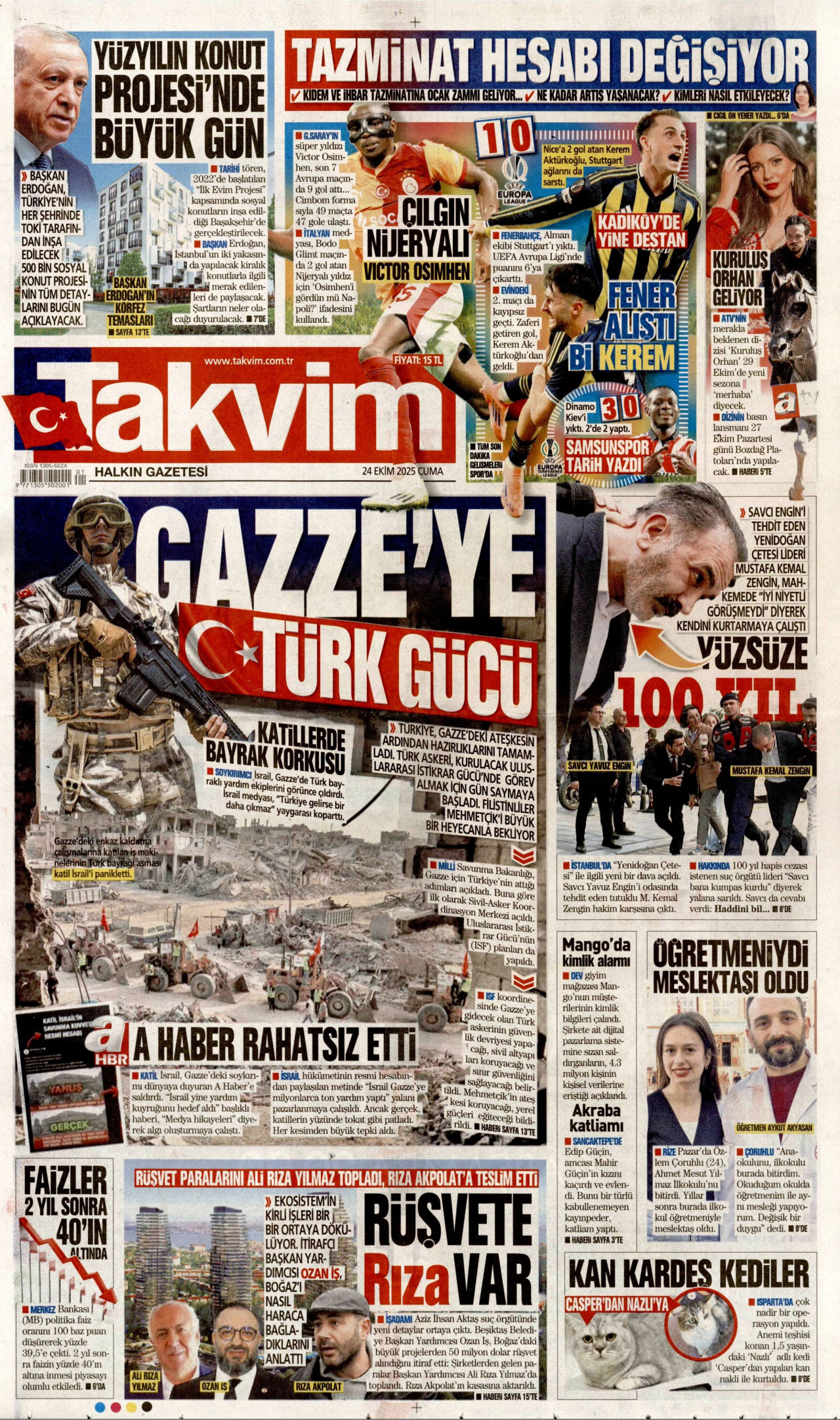 TAKVİM gazetesinin 24 Ekim 2025 tarihli birinci sayfası