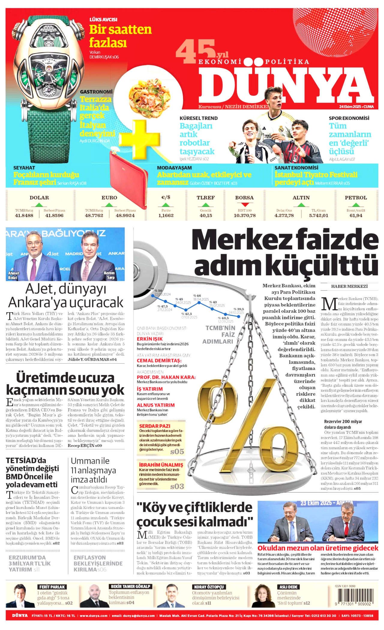 DÜNYA gazetesinin 24 Ekim 2025 tarihli birinci sayfası