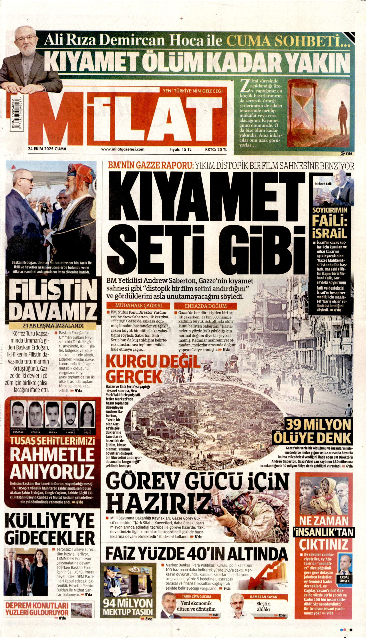 MİLAT gazetesinin 24 Ekim 2025 tarihli birinci sayfası