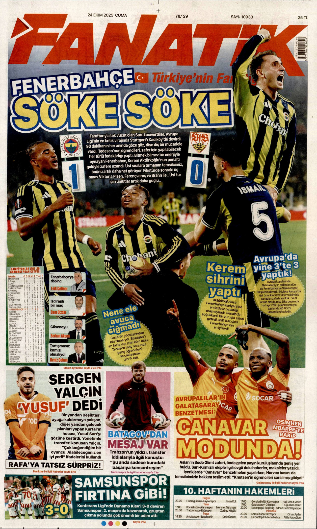 FANATİK gazetesinin 24 Ekim 2025 tarihli birinci sayfası