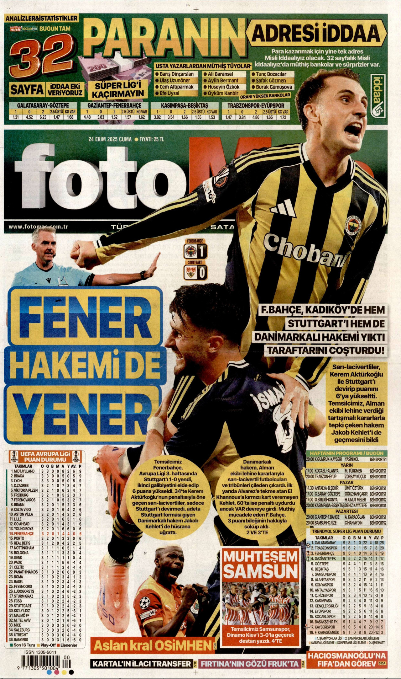 FOTOMAÇ gazetesinin 24 Ekim 2025 tarihli birinci sayfası