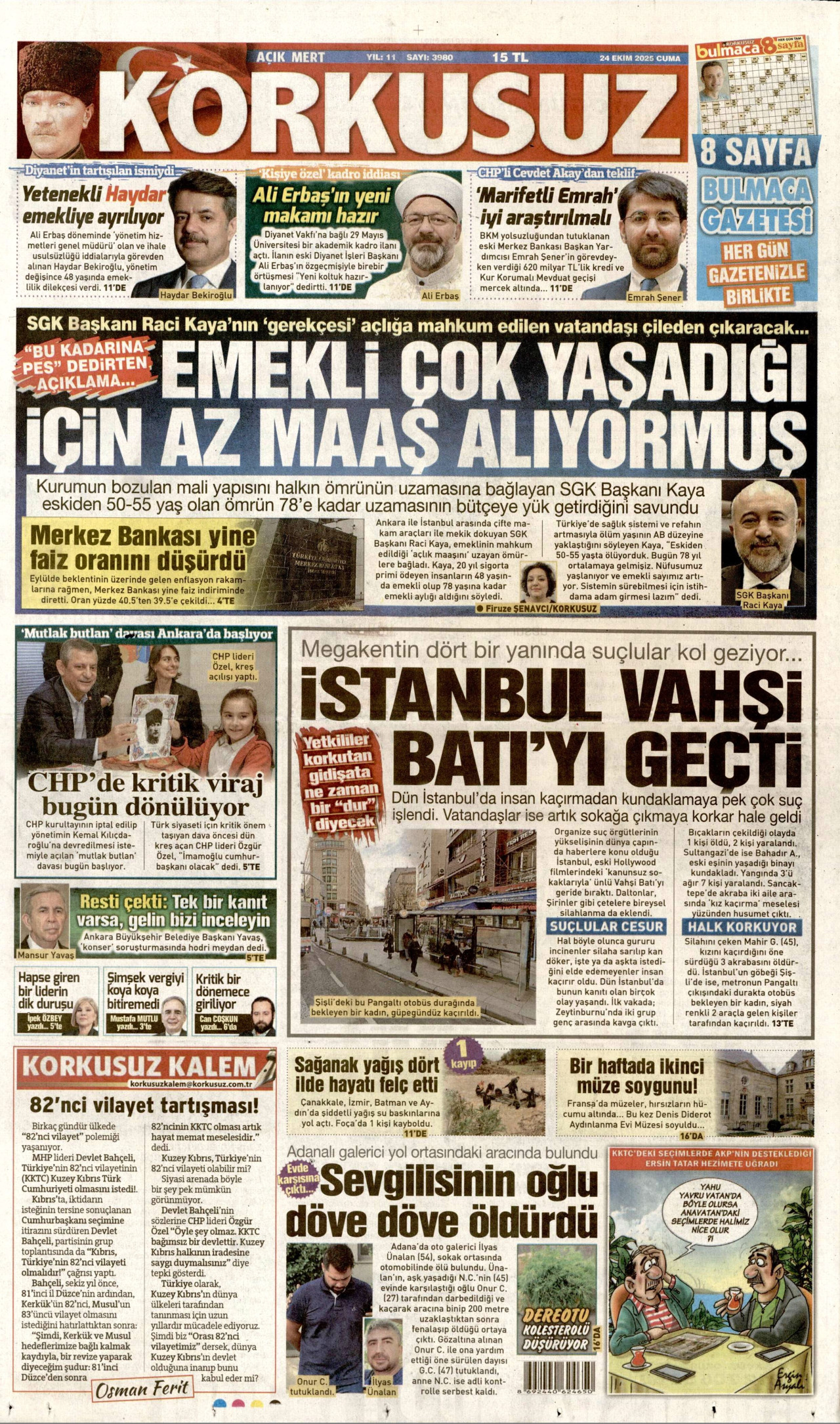 KORKUSUZ gazetesinin 24 Ekim 2025 tarihli birinci sayfası