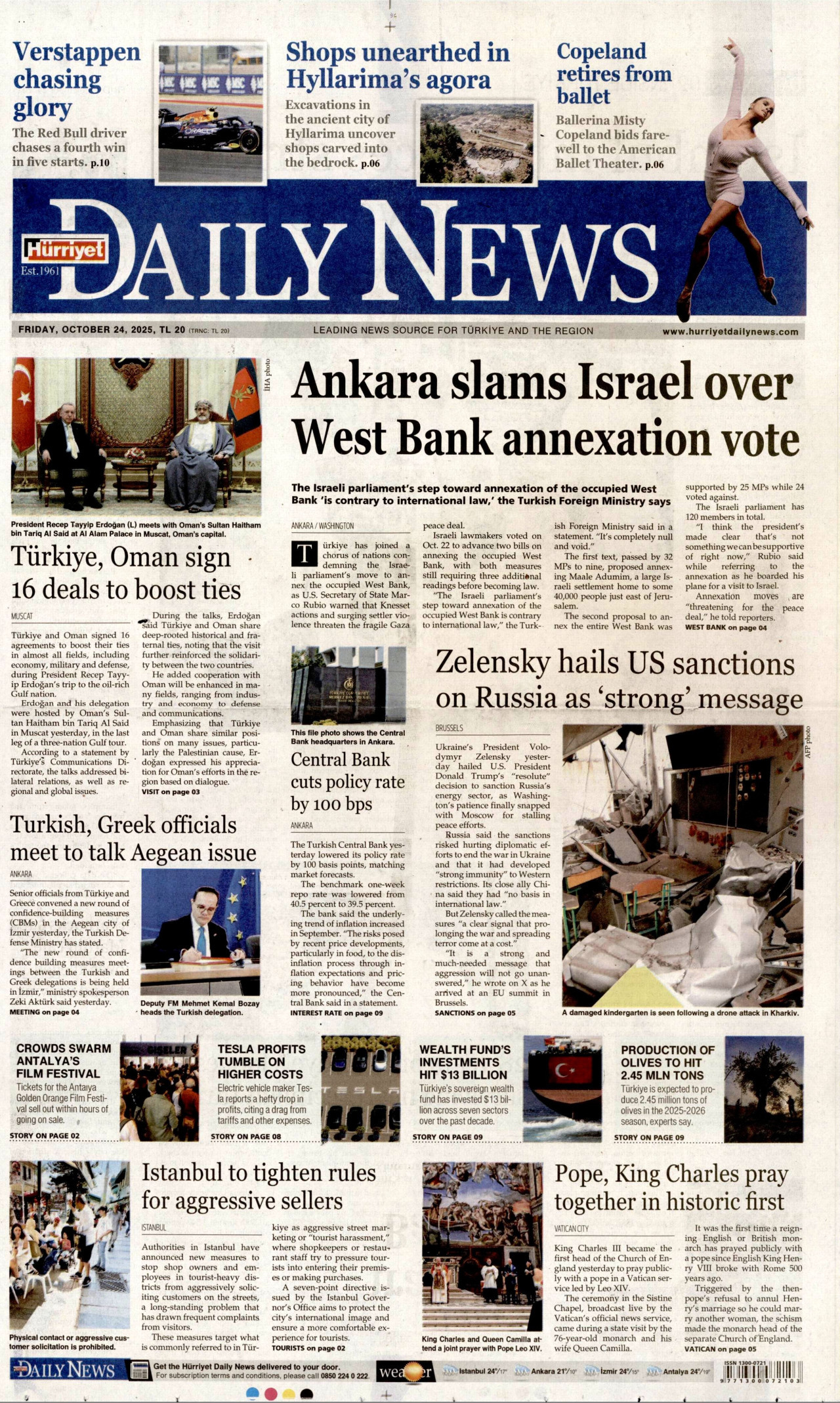 HÜRRİYET DAİLY NEWS gazetesinin 24 Ekim 2025 tarihli birinci sayfası