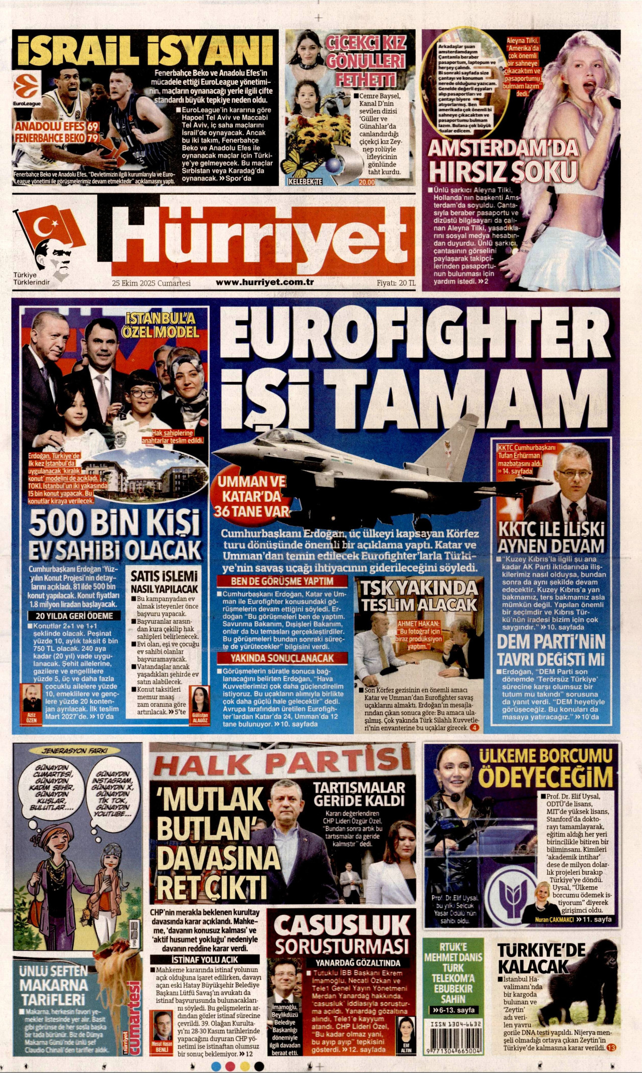 HÜRRİYET gazetesinin 25 Ekim 2025 tarihli birinci sayfası