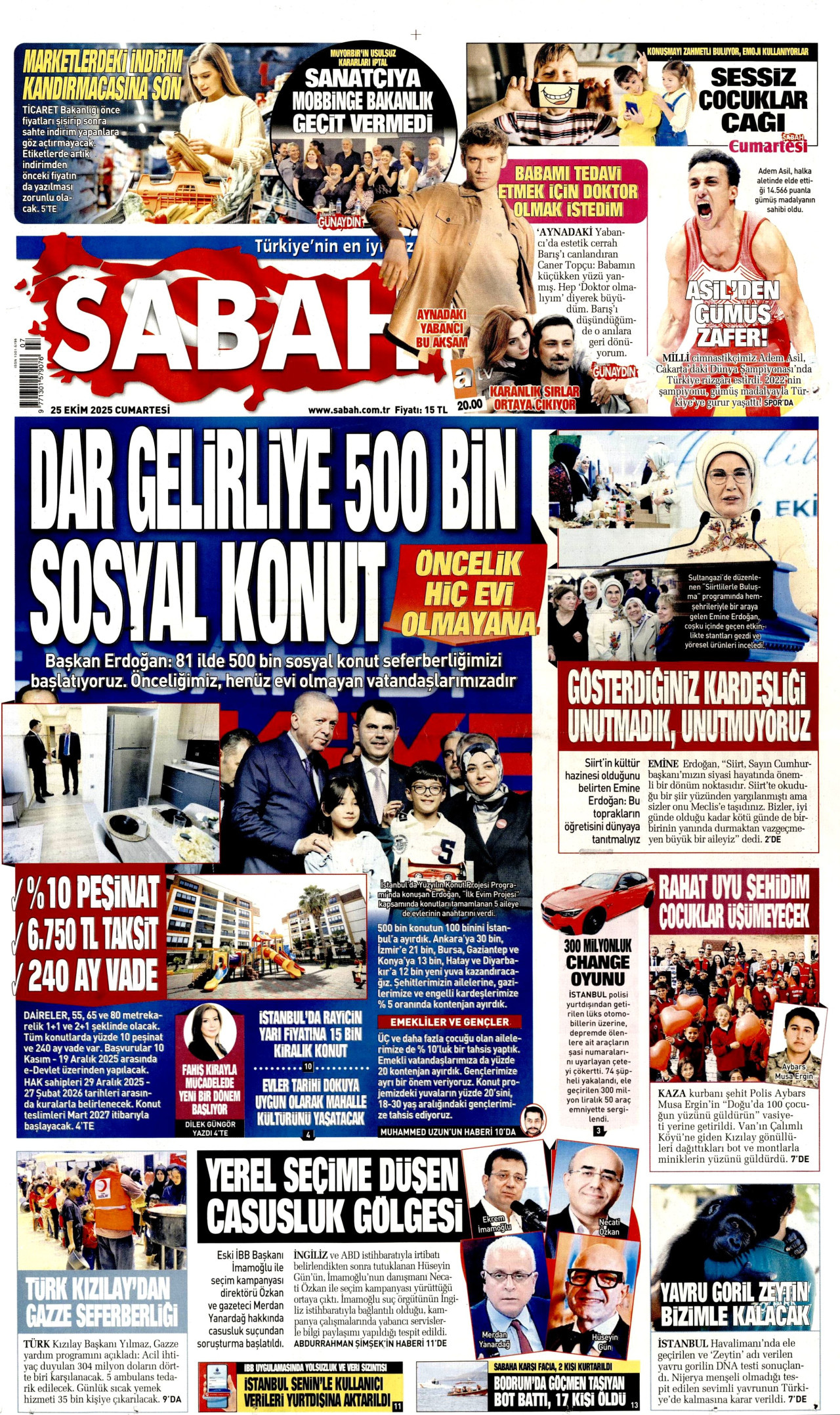 SABAH gazetesinin 25 Ekim 2025 tarihli birinci sayfası