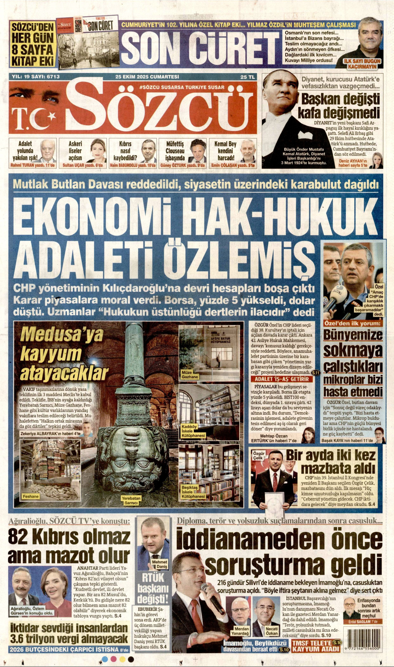 SÖZCÜ gazetesinin 25 Ekim 2025 tarihli birinci sayfası