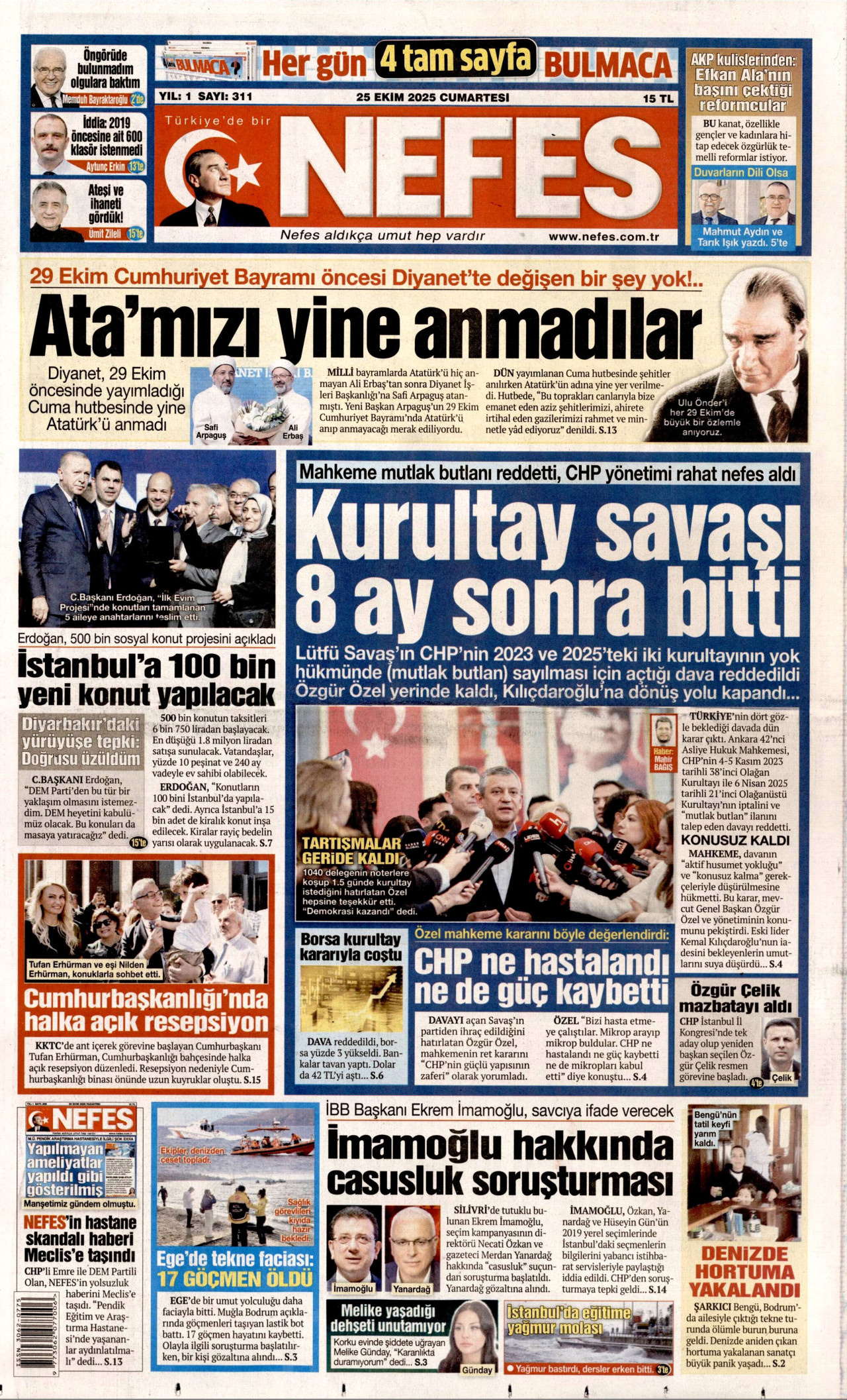 NEFES gazetesinin 25 Ekim 2025 tarihli birinci sayfası
