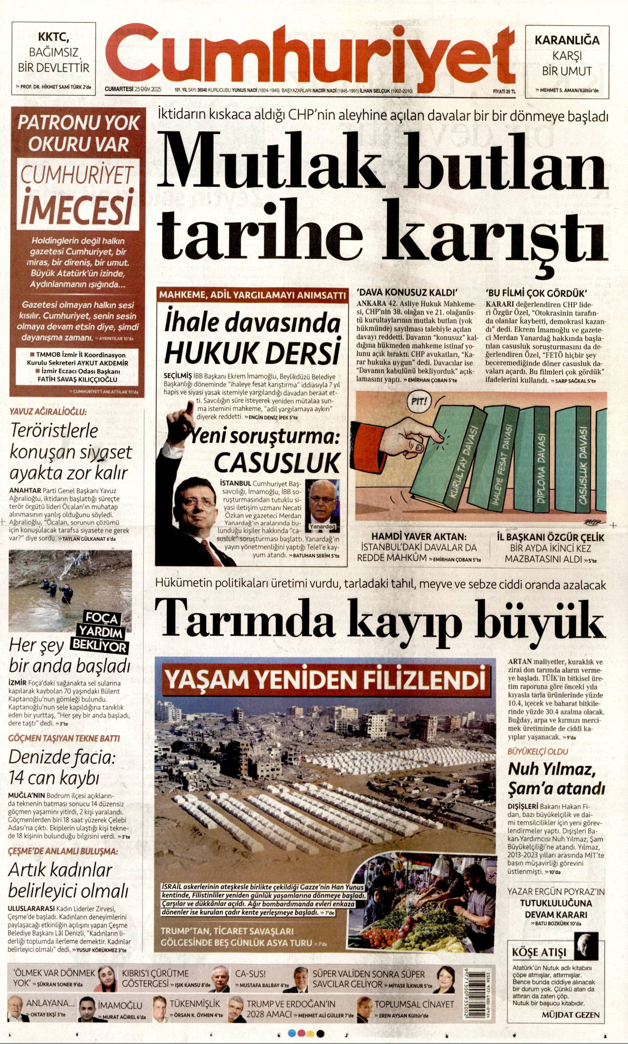 CUMHURİYET gazetesinin 25 Ekim 2025 tarihli birinci sayfası