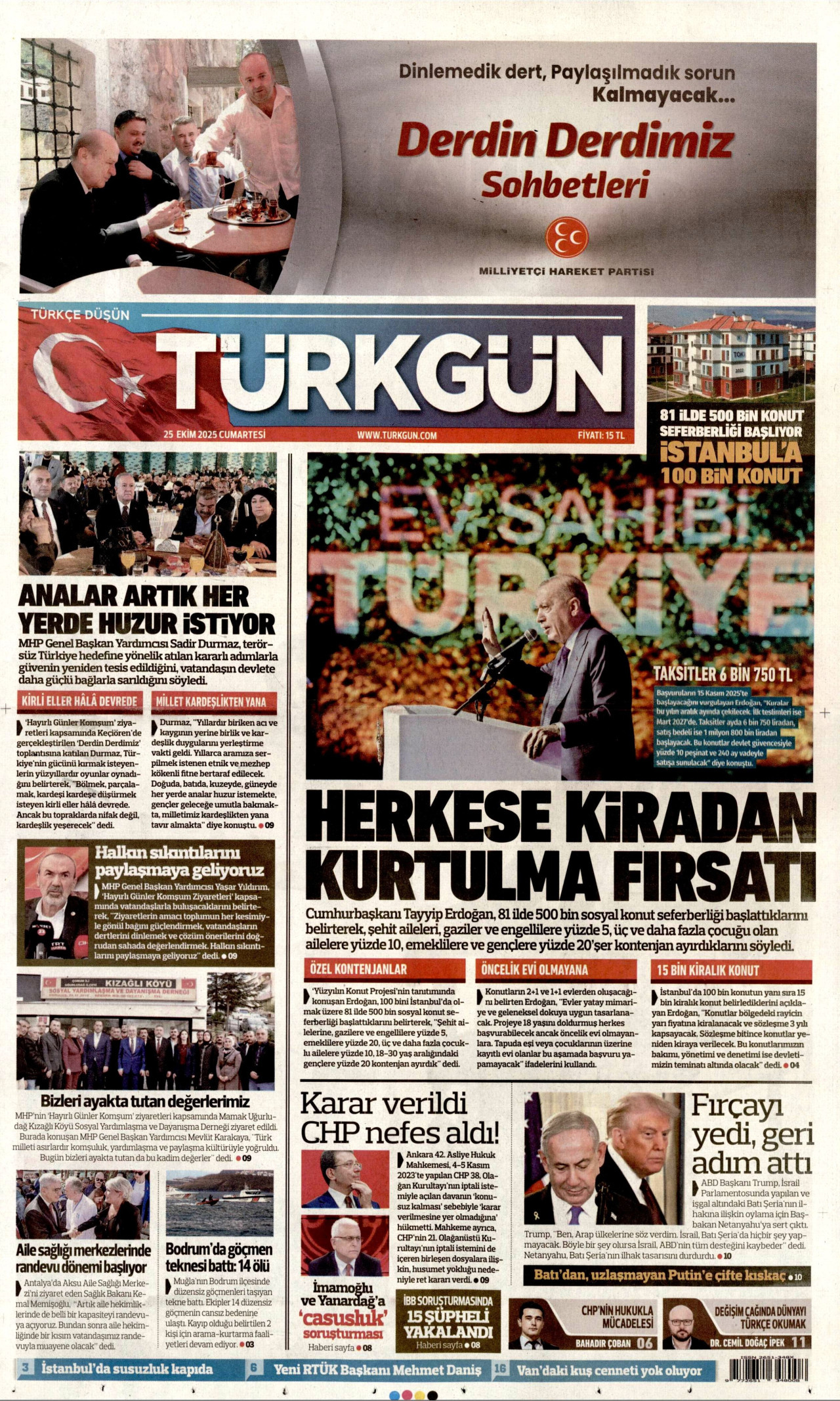 TÜRKGÜN gazetesinin 25 Ekim 2025 tarihli birinci sayfası
