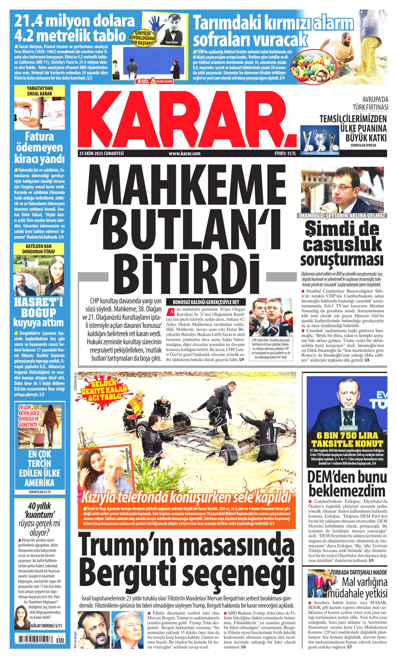 KARAR gazetesinin 25 Ekim 2025 tarihli birinci sayfası
