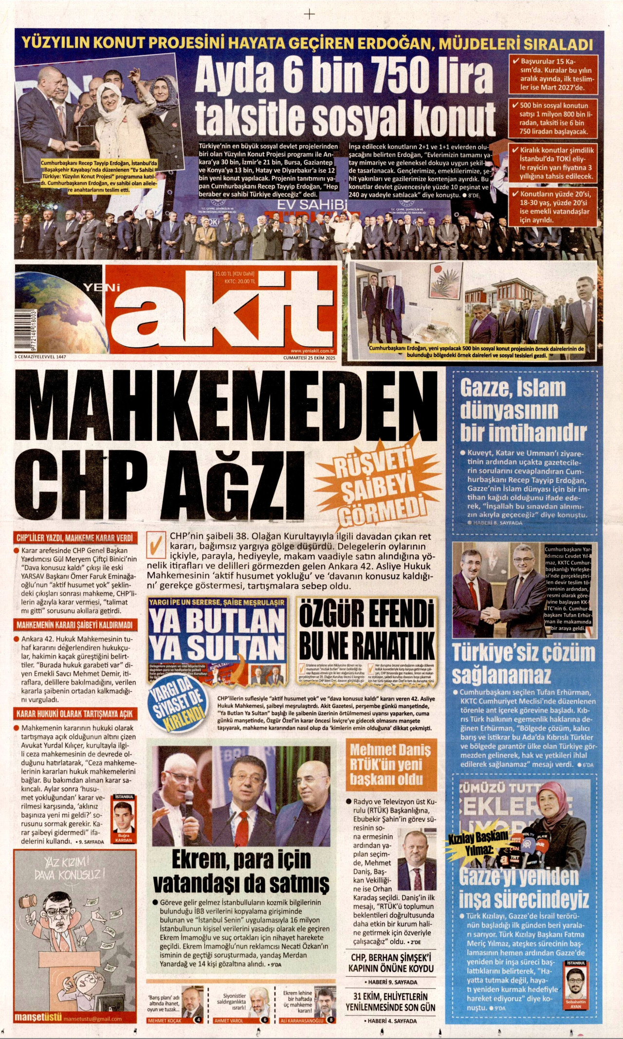 YENİ AKİT gazetesinin 25 Ekim 2025 tarihli birinci sayfası