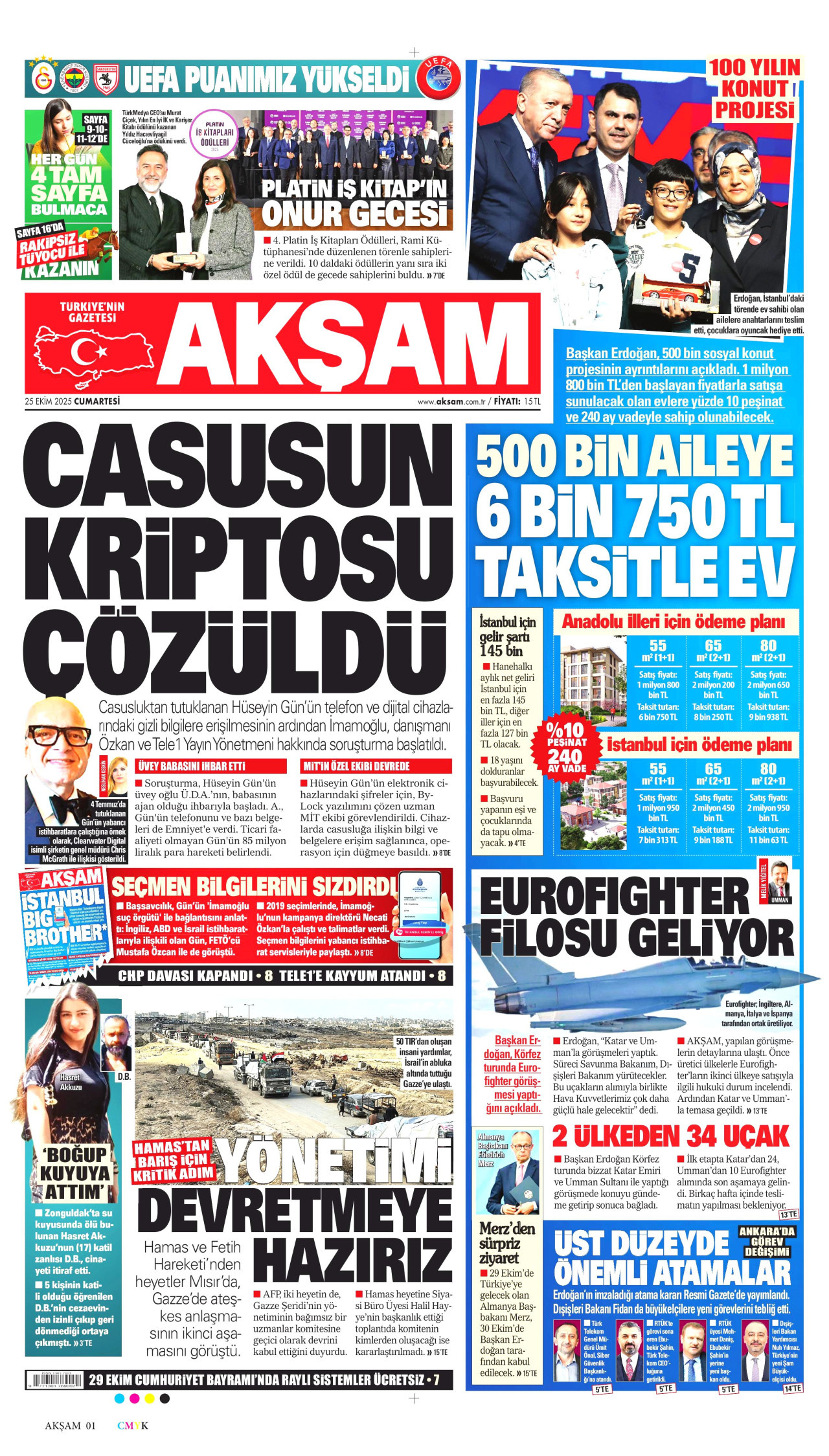 AKŞAM gazetesinin 25 Ekim 2025 tarihli birinci sayfası