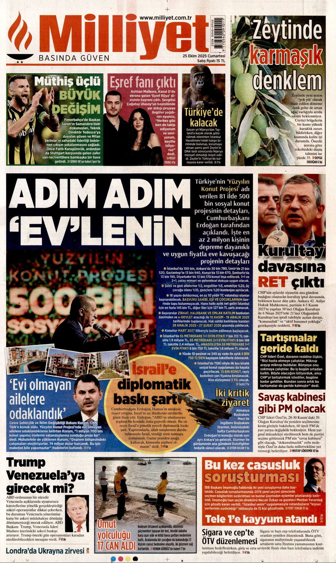 MİLLİYET gazetesinin 25 Ekim 2025 tarihli birinci sayfası