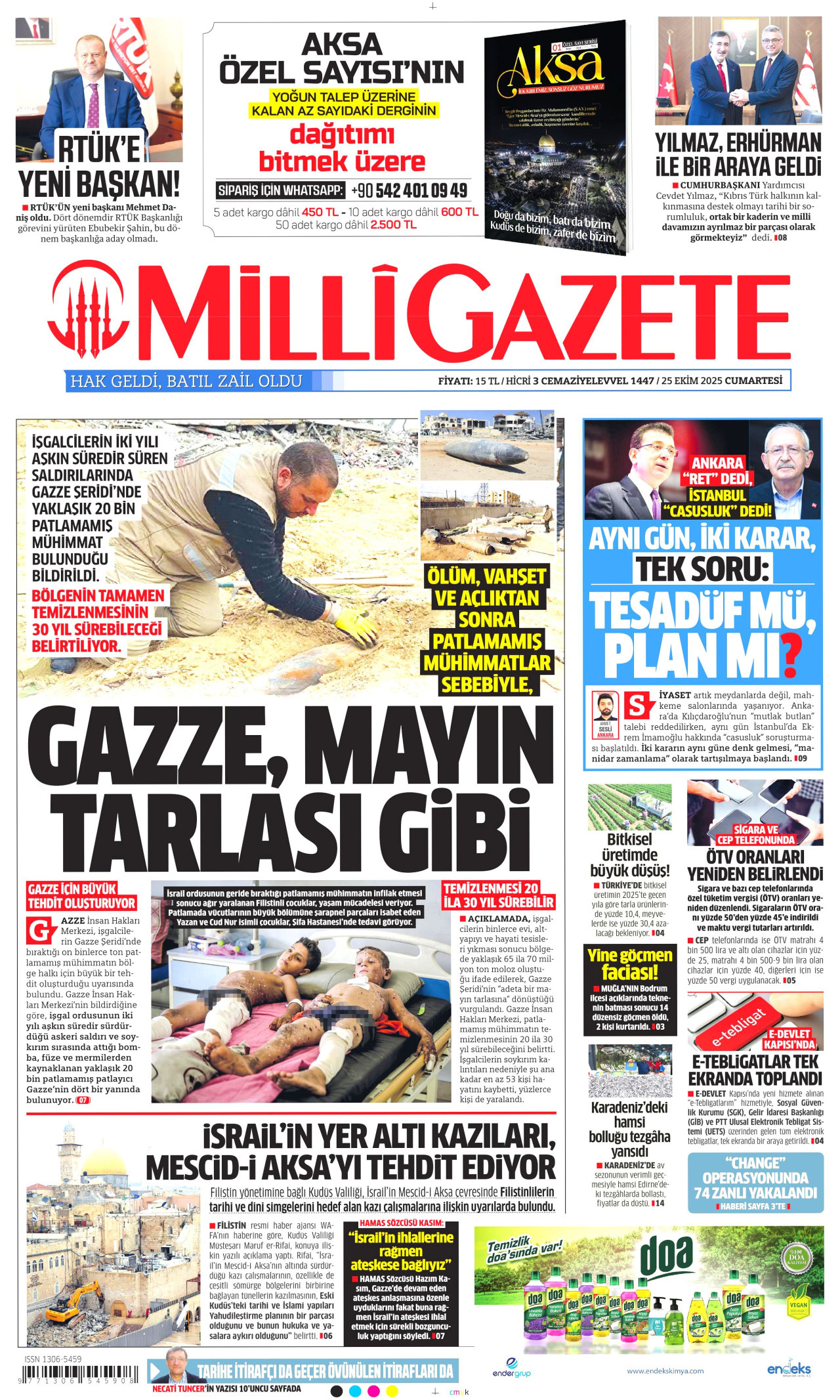 MİLLİ GAZETE gazetesinin 25 Ekim 2025 tarihli birinci sayfası