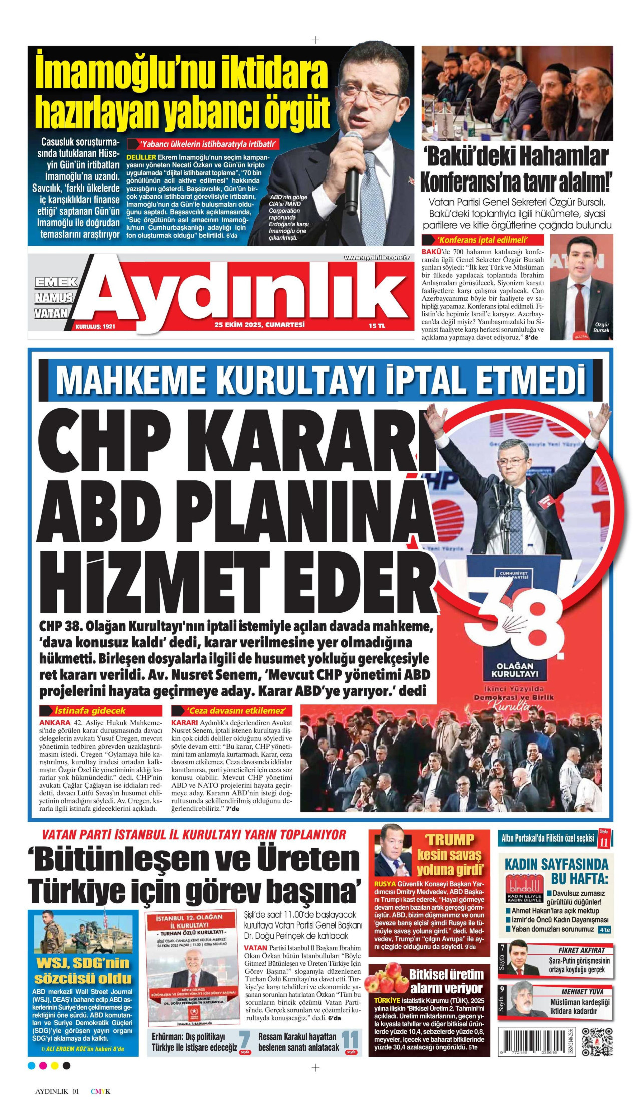 AYDINLIK GAZETESİ gazetesinin 25 Ekim 2025 tarihli birinci sayfası