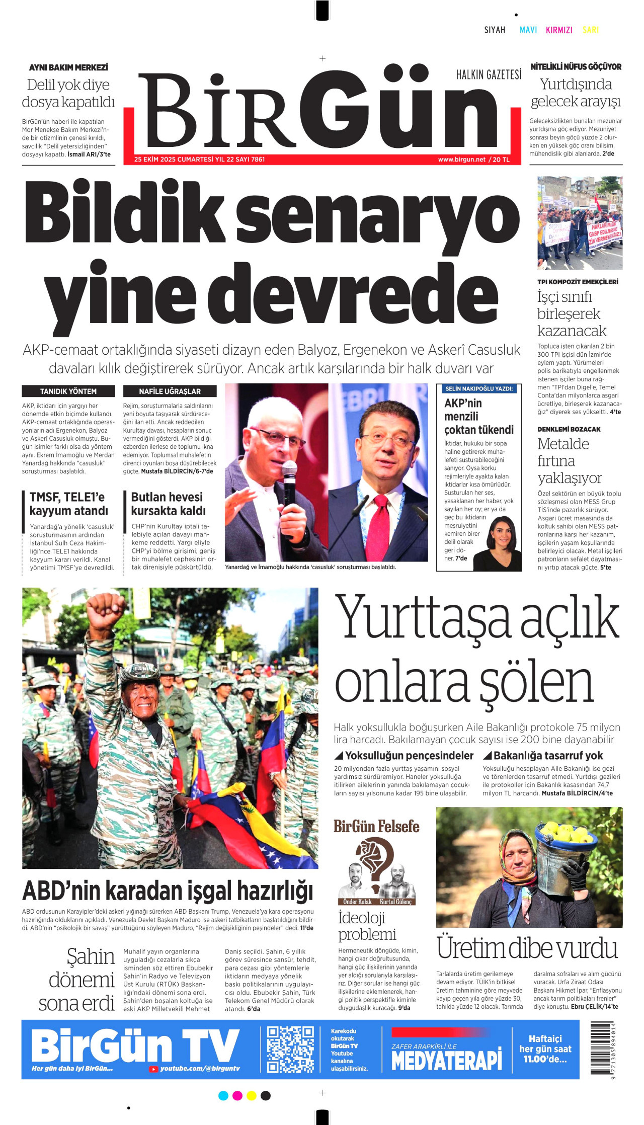 BİRGÜN gazetesinin 25 Ekim 2025 tarihli birinci sayfası