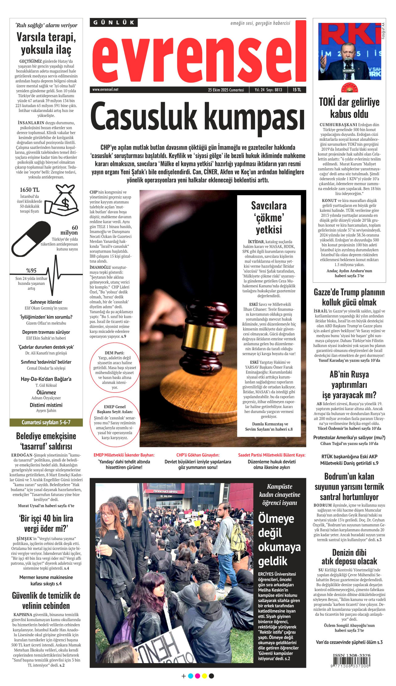 EVRENSEL gazetesinin 25 Ekim 2025 tarihli birinci sayfası