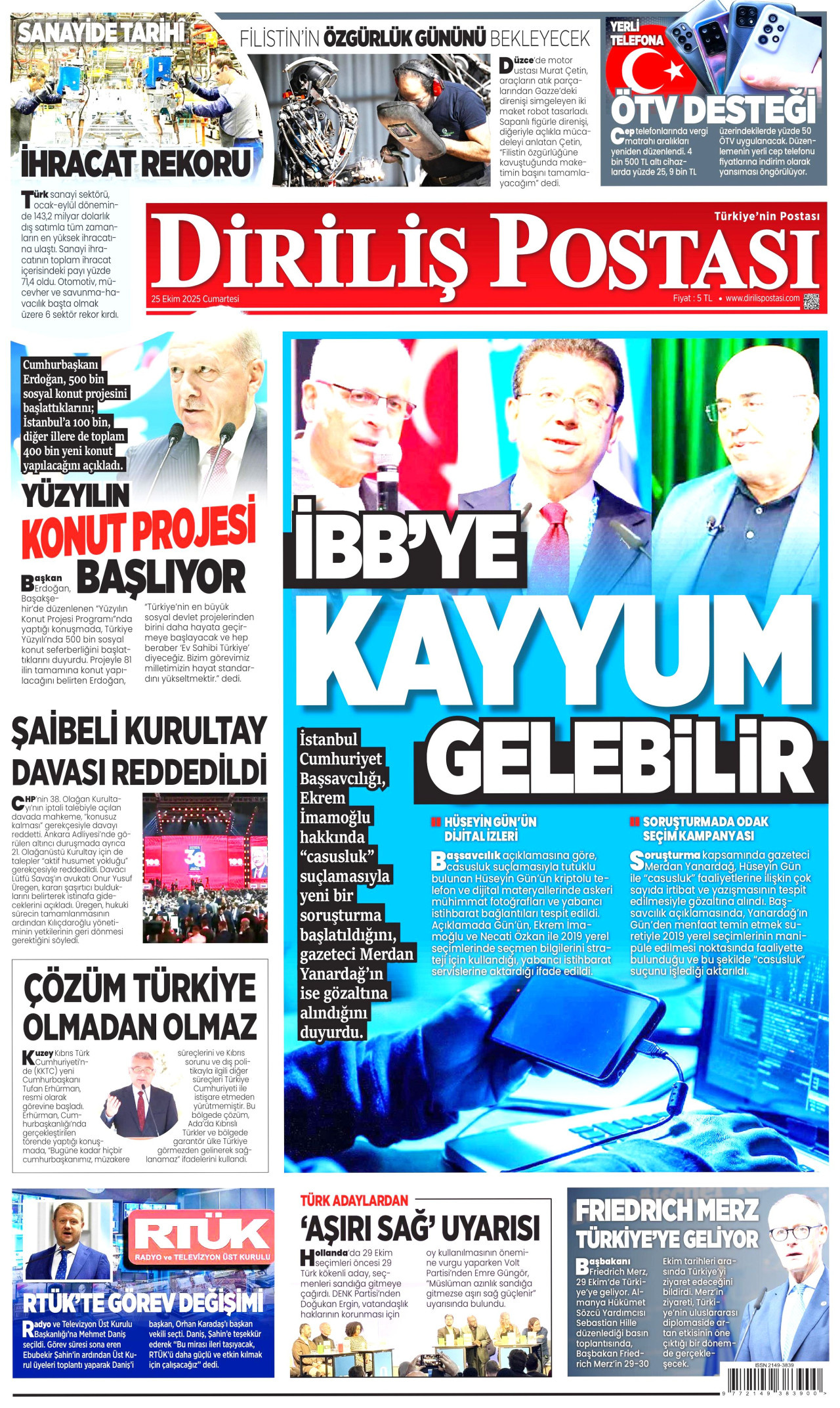 DİRİLİŞ POSTASI gazetesinin 25 Ekim 2025 tarihli birinci sayfası