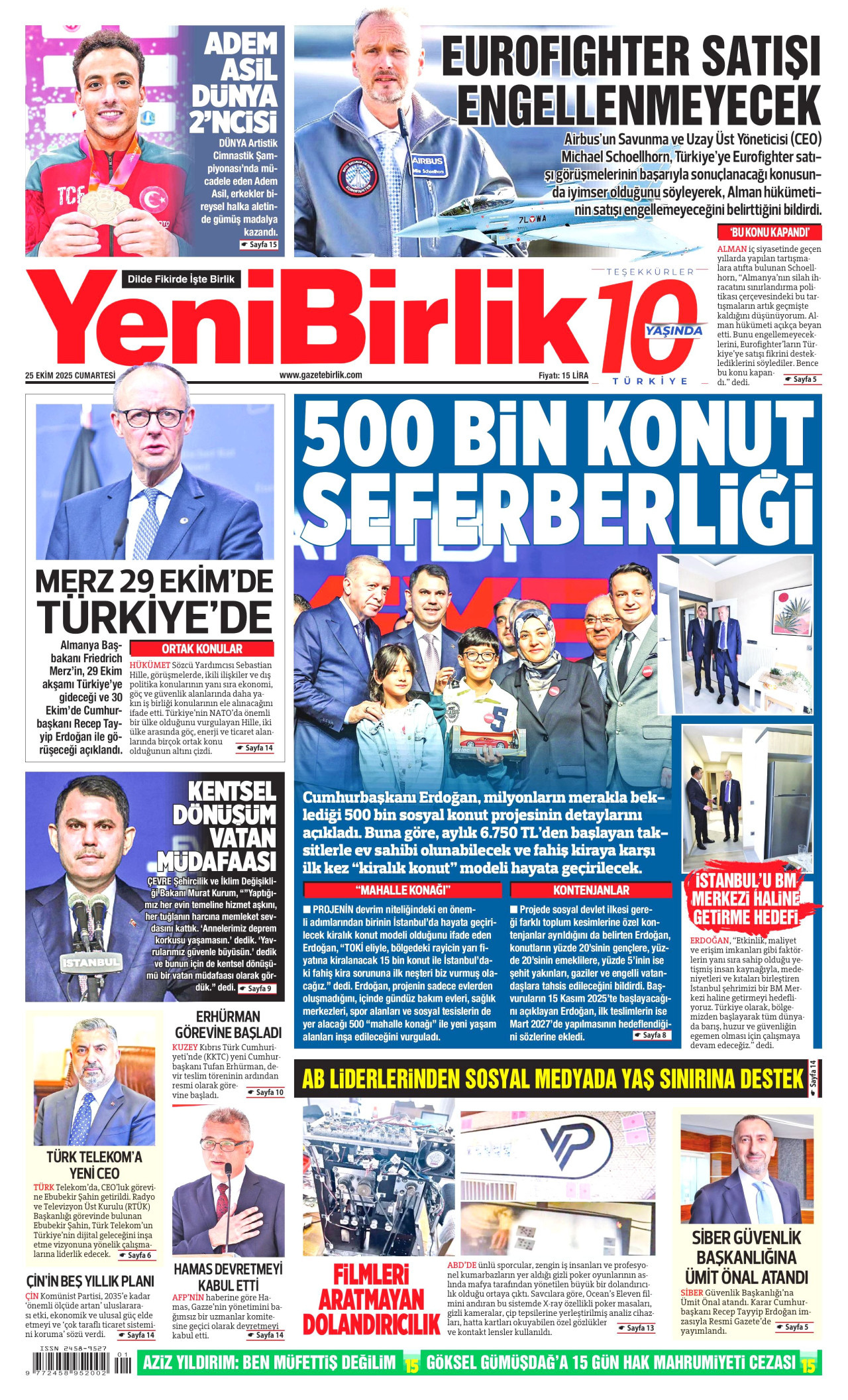 YENİBİRLİK gazetesinin 25 Ekim 2025 tarihli birinci sayfası