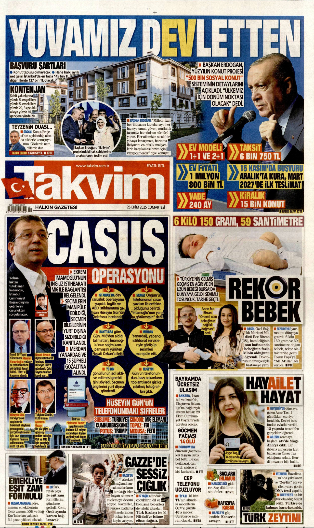 TAKVİM gazetesinin 25 Ekim 2025 tarihli birinci sayfası