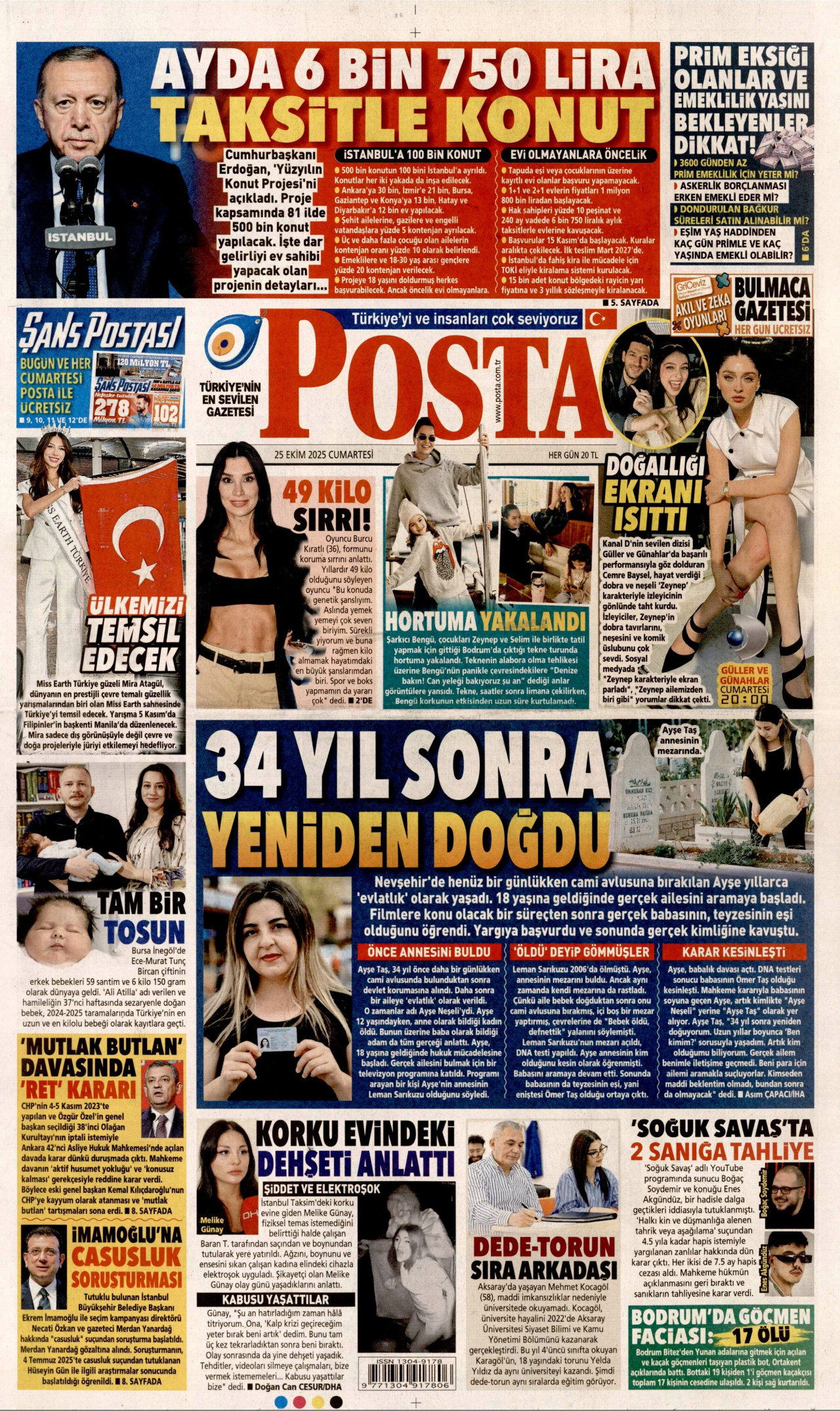 POSTA gazetesinin 25 Ekim 2025 tarihli birinci sayfası