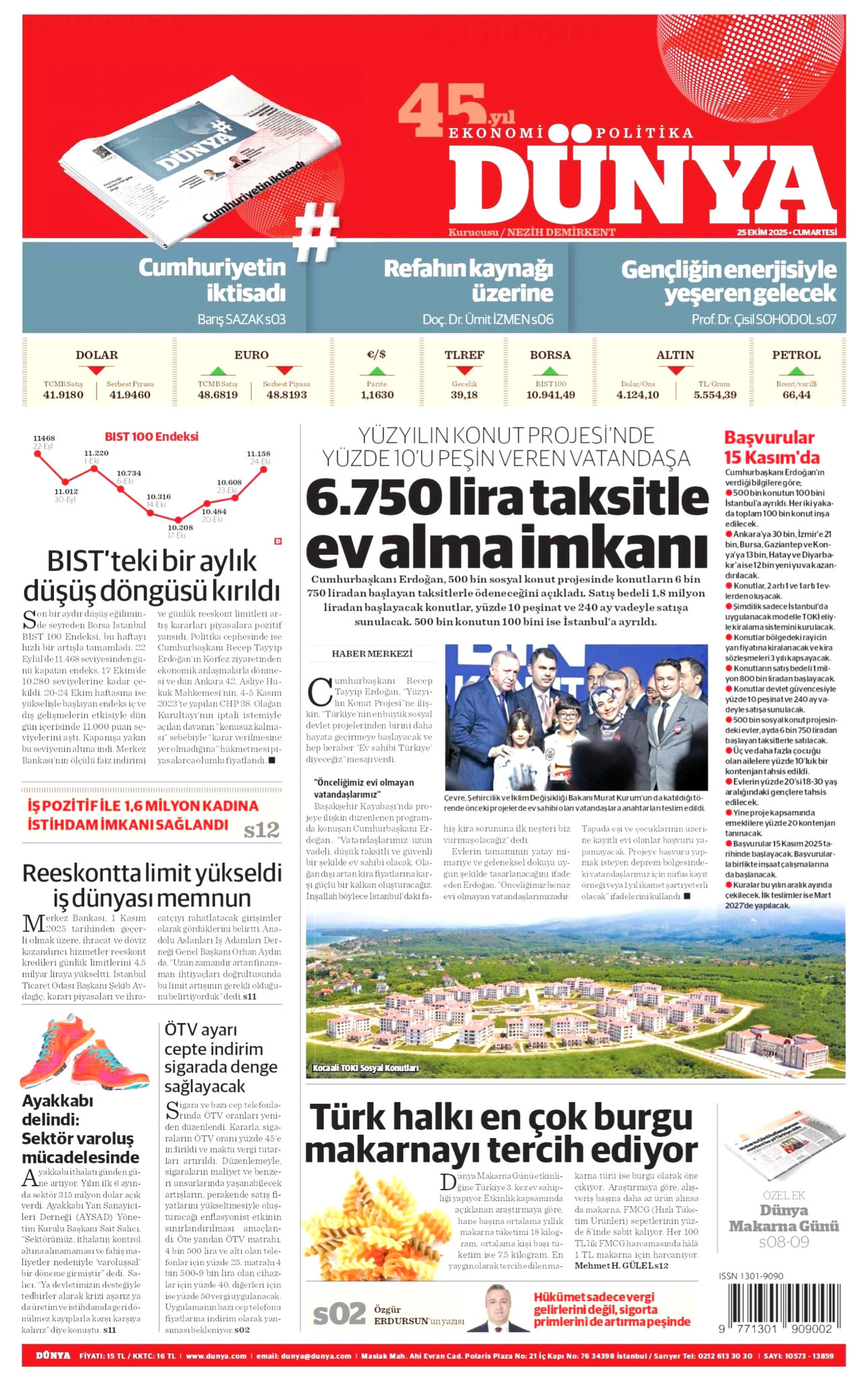 DÜNYA gazetesinin 25 Ekim 2025 tarihli birinci sayfası