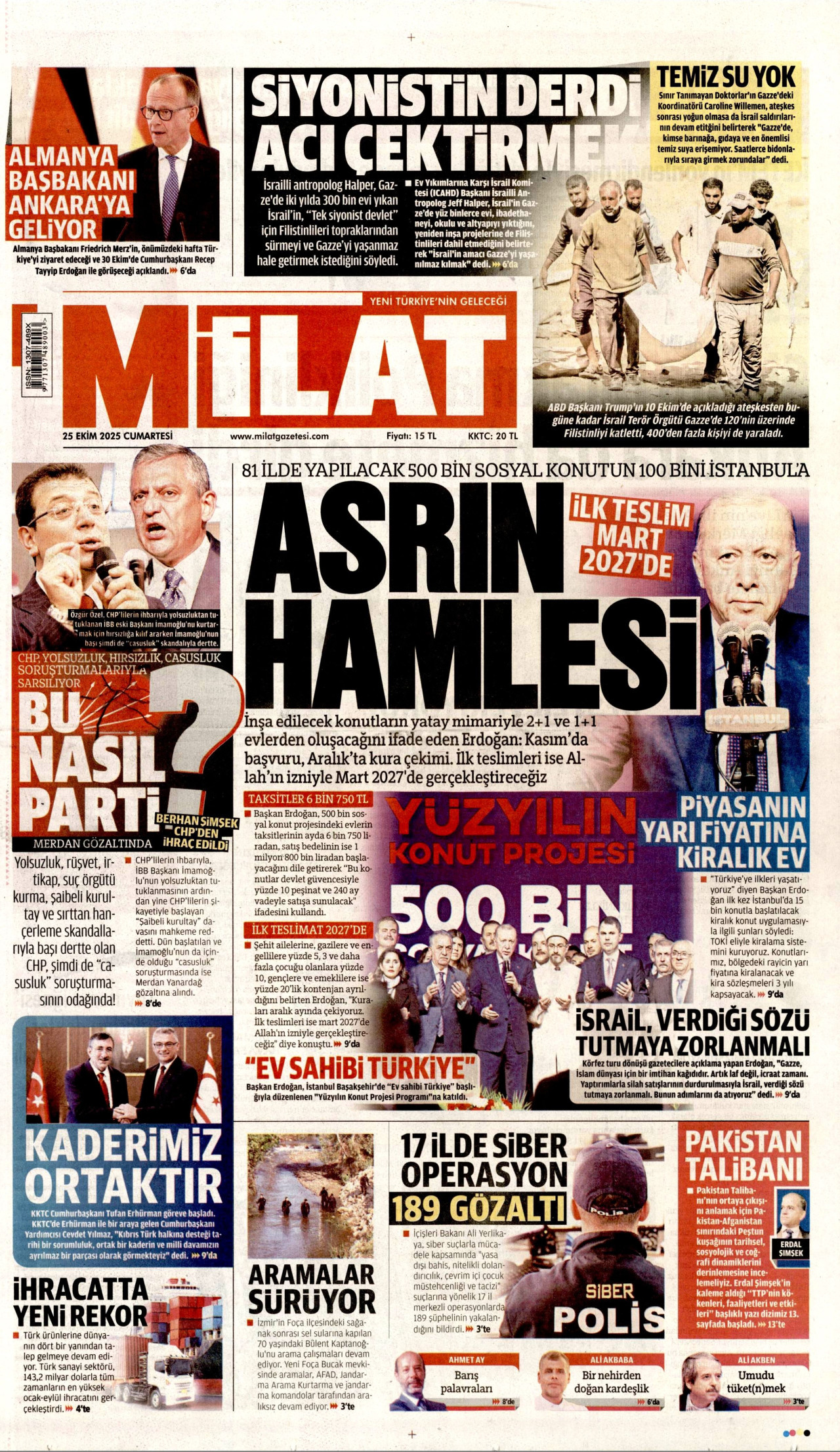 MİLAT gazetesinin 25 Ekim 2025 tarihli birinci sayfası