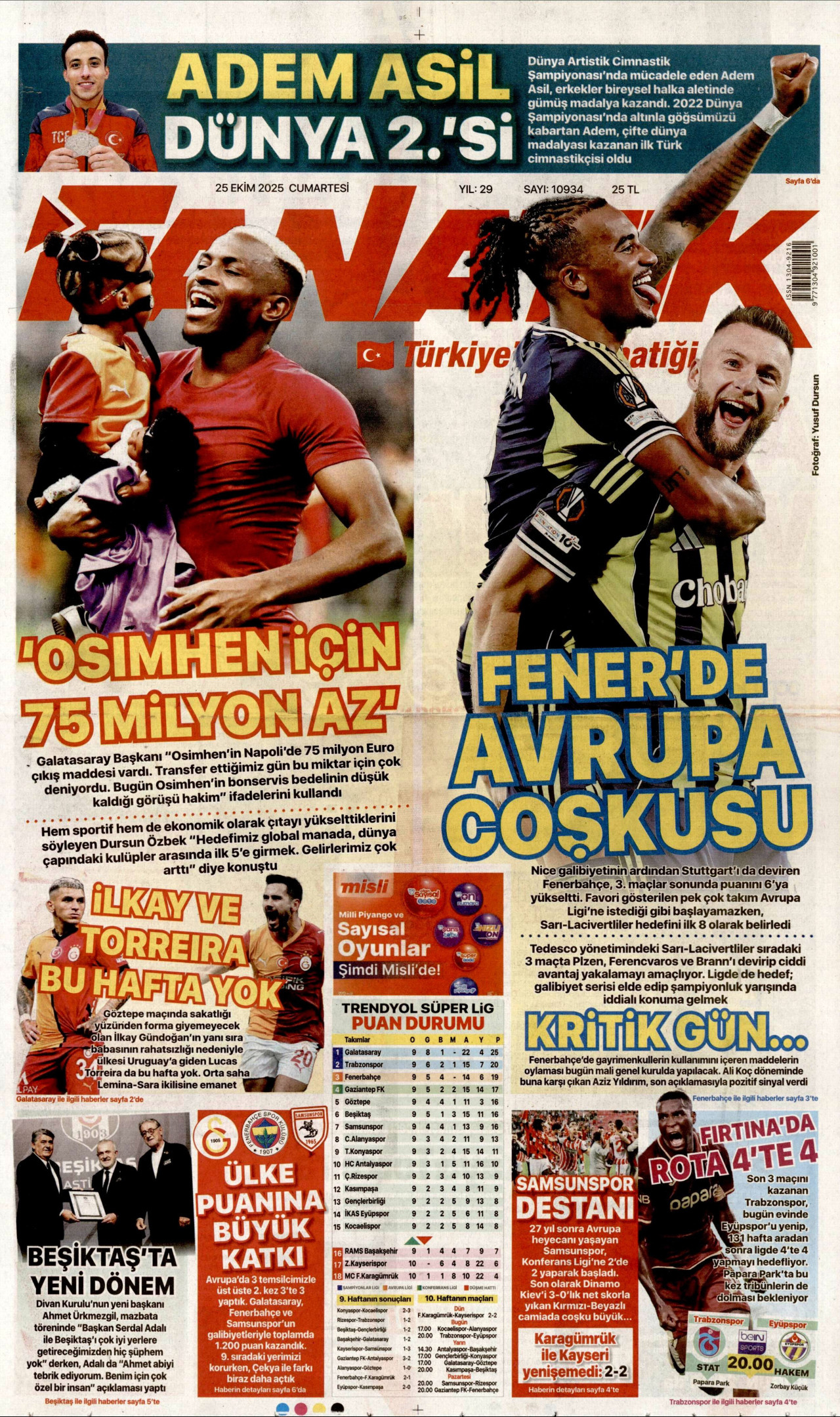 FANATİK gazetesinin 25 Ekim 2025 tarihli birinci sayfası