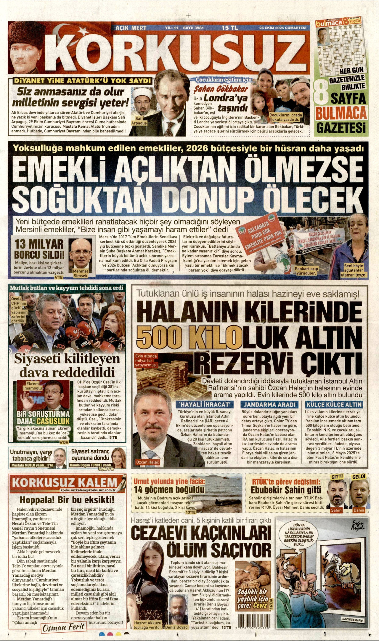 KORKUSUZ gazetesinin 25 Ekim 2025 tarihli birinci sayfası