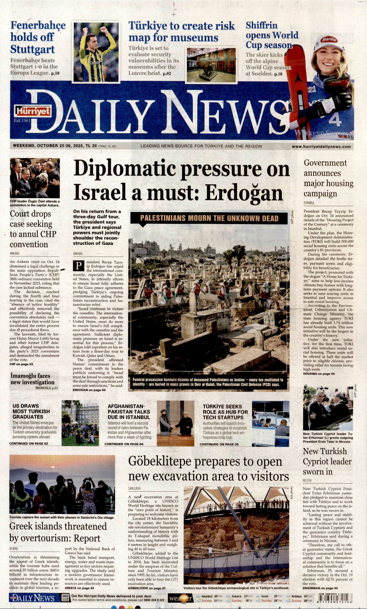 HÜRRİYET DAİLY NEWS gazetesinin 25 Ekim 2025 tarihli birinci sayfası