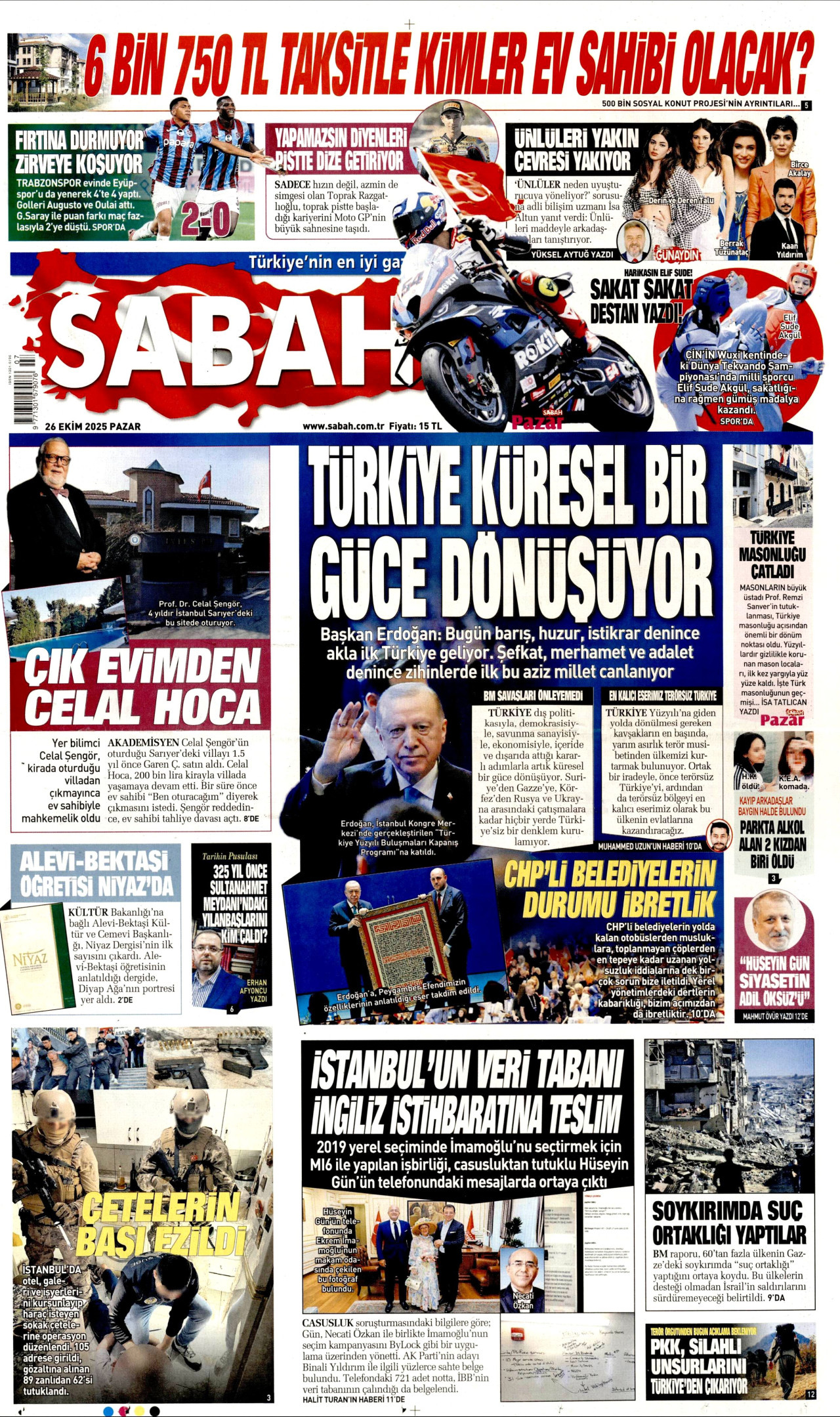 SABAH gazetesinin 26 Ekim 2025 tarihli birinci sayfası