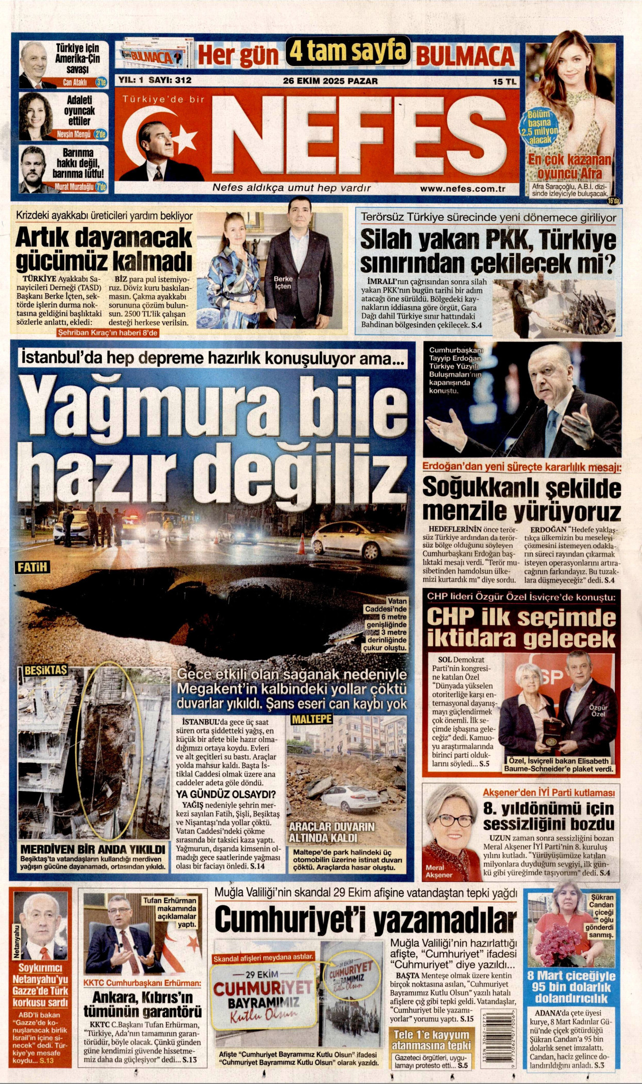 NEFES gazetesinin 26 Ekim 2025 tarihli birinci sayfası