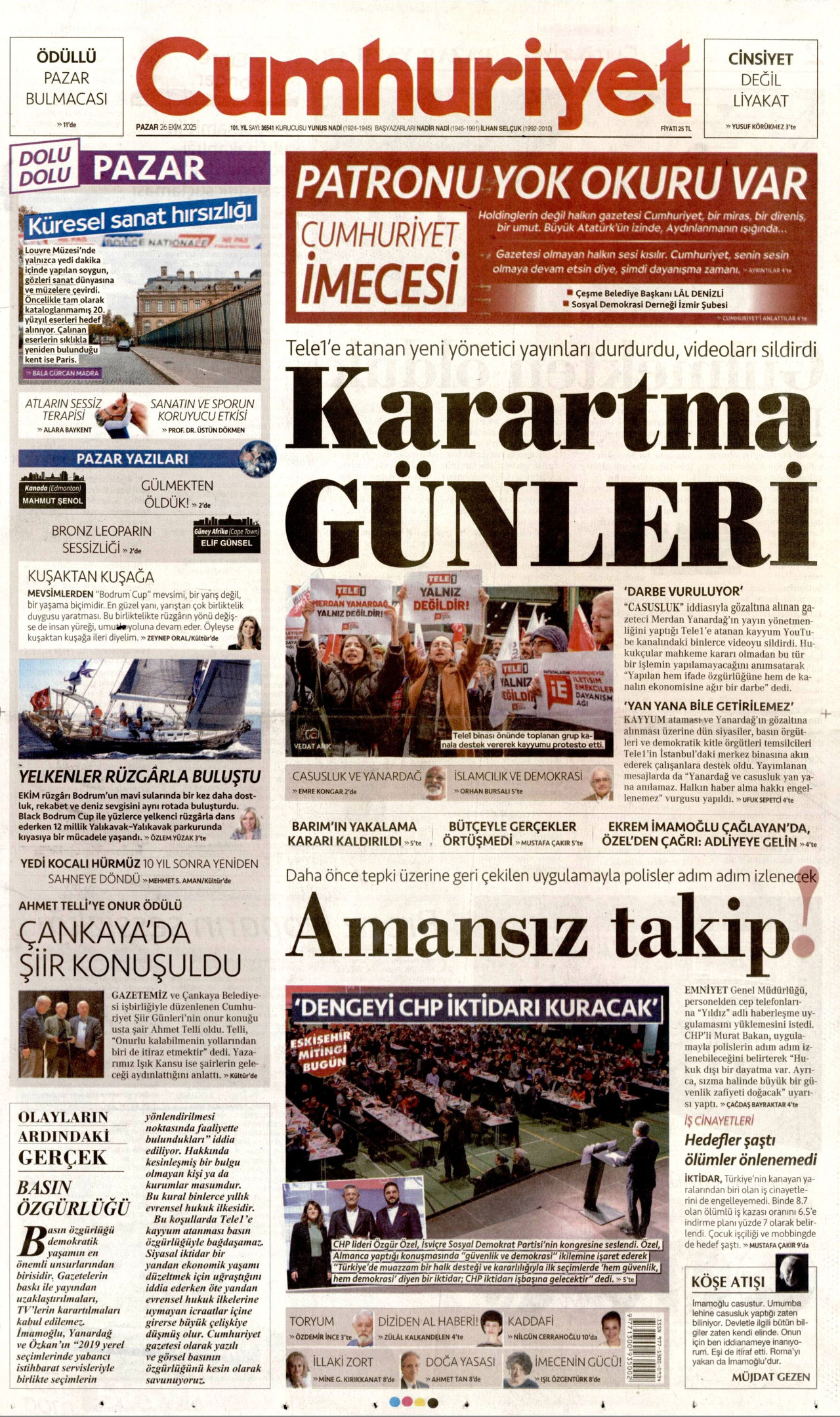 CUMHURİYET gazetesinin 26 Ekim 2025 tarihli birinci sayfası