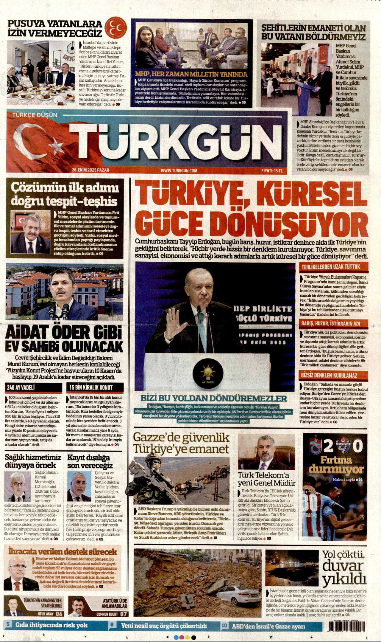 TÜRKGÜN gazetesinin 26 Ekim 2025 tarihli birinci sayfası