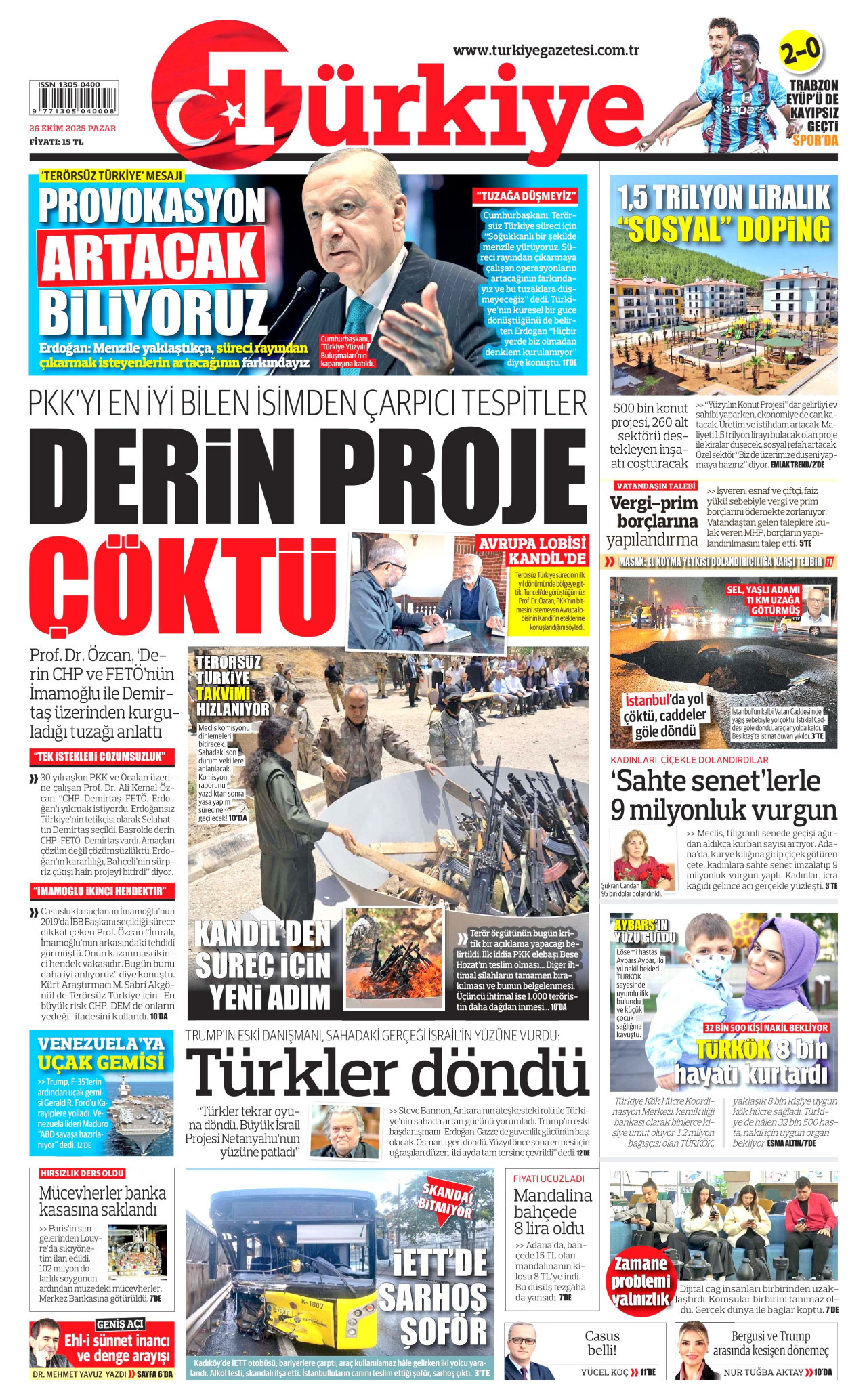 TÜRKİYE GAZETESİ gazetesinin 26 Ekim 2025 tarihli birinci sayfası